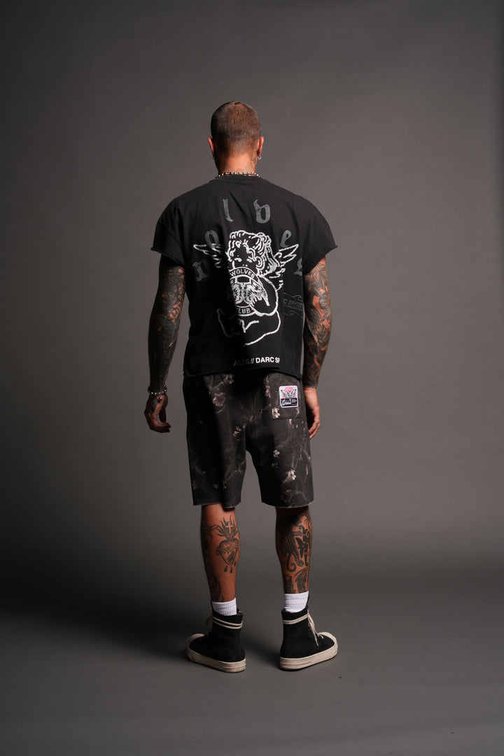 Wolves Club Cherub Grunge Mid Length Raw Hem Cap Sleeve Tee In Black