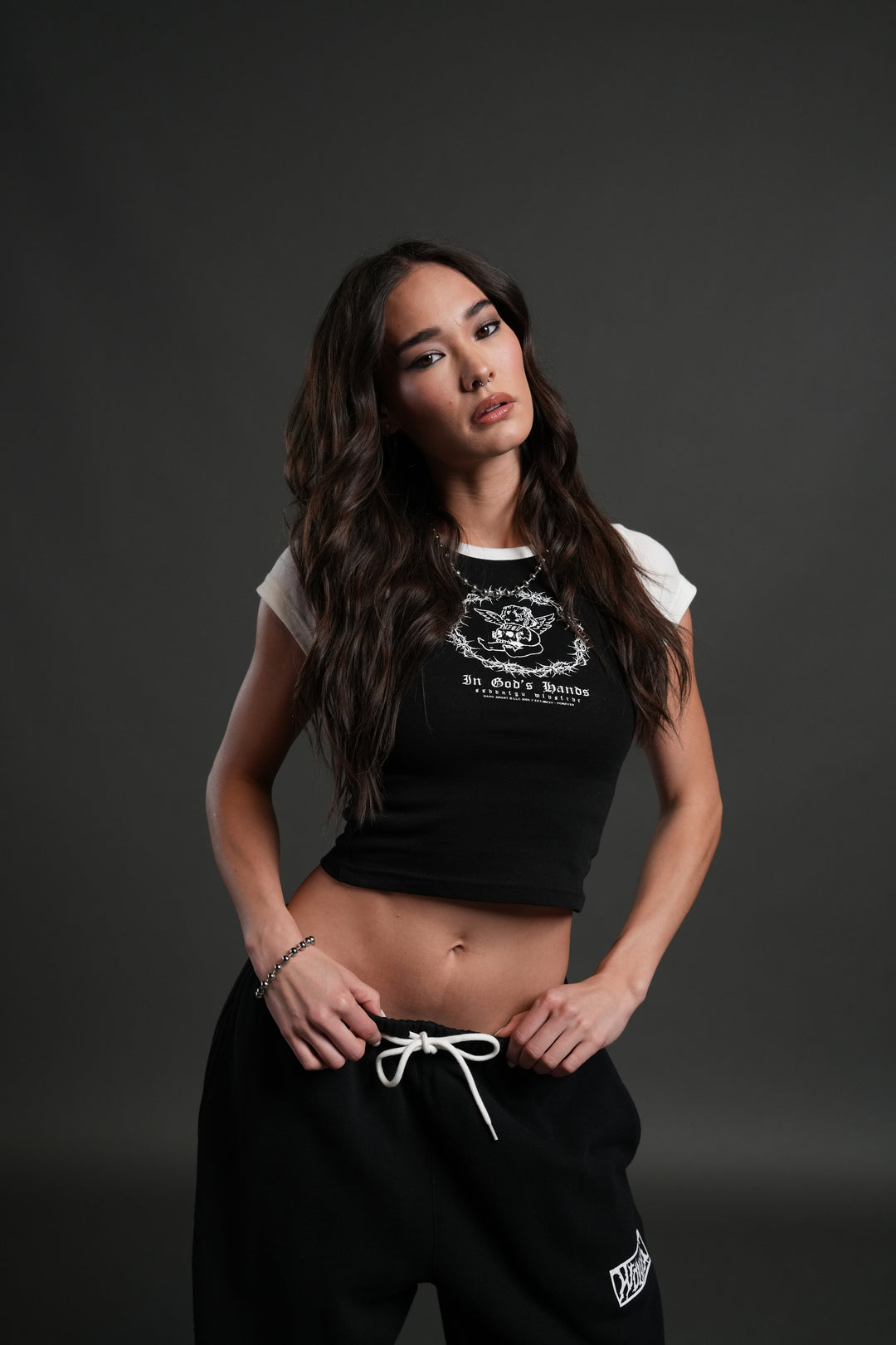 Cherub's Oath Lina Raglan "Baby" Tee in Black/Cream