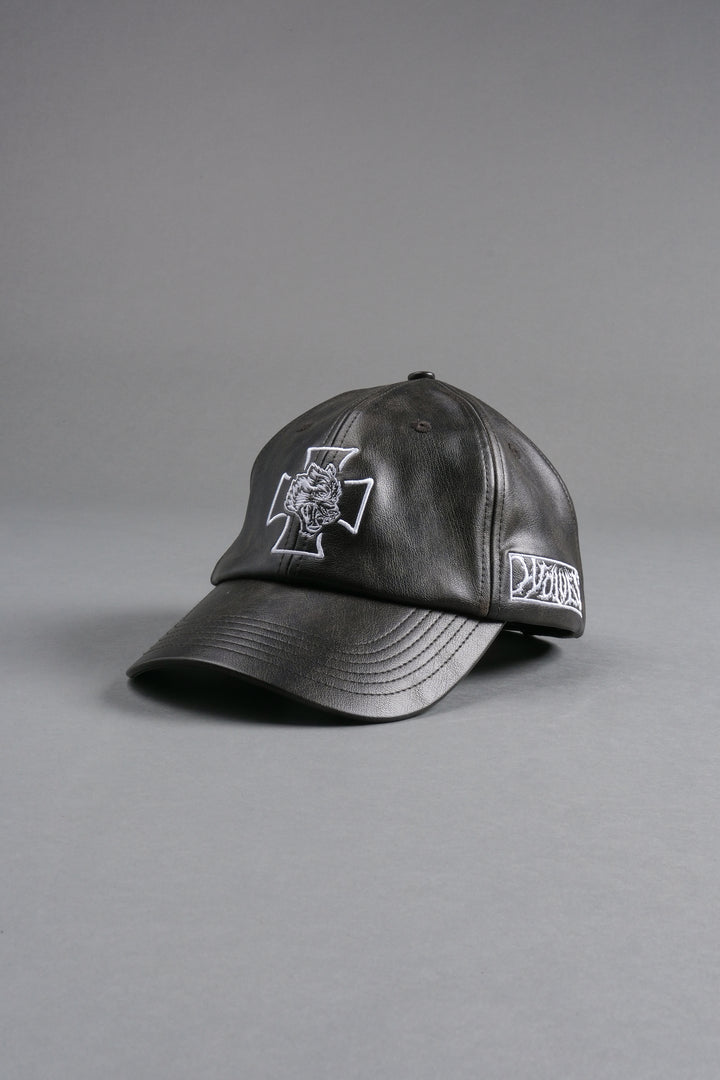 Iron Wolf Head Faux Leather Dad Hat in Black