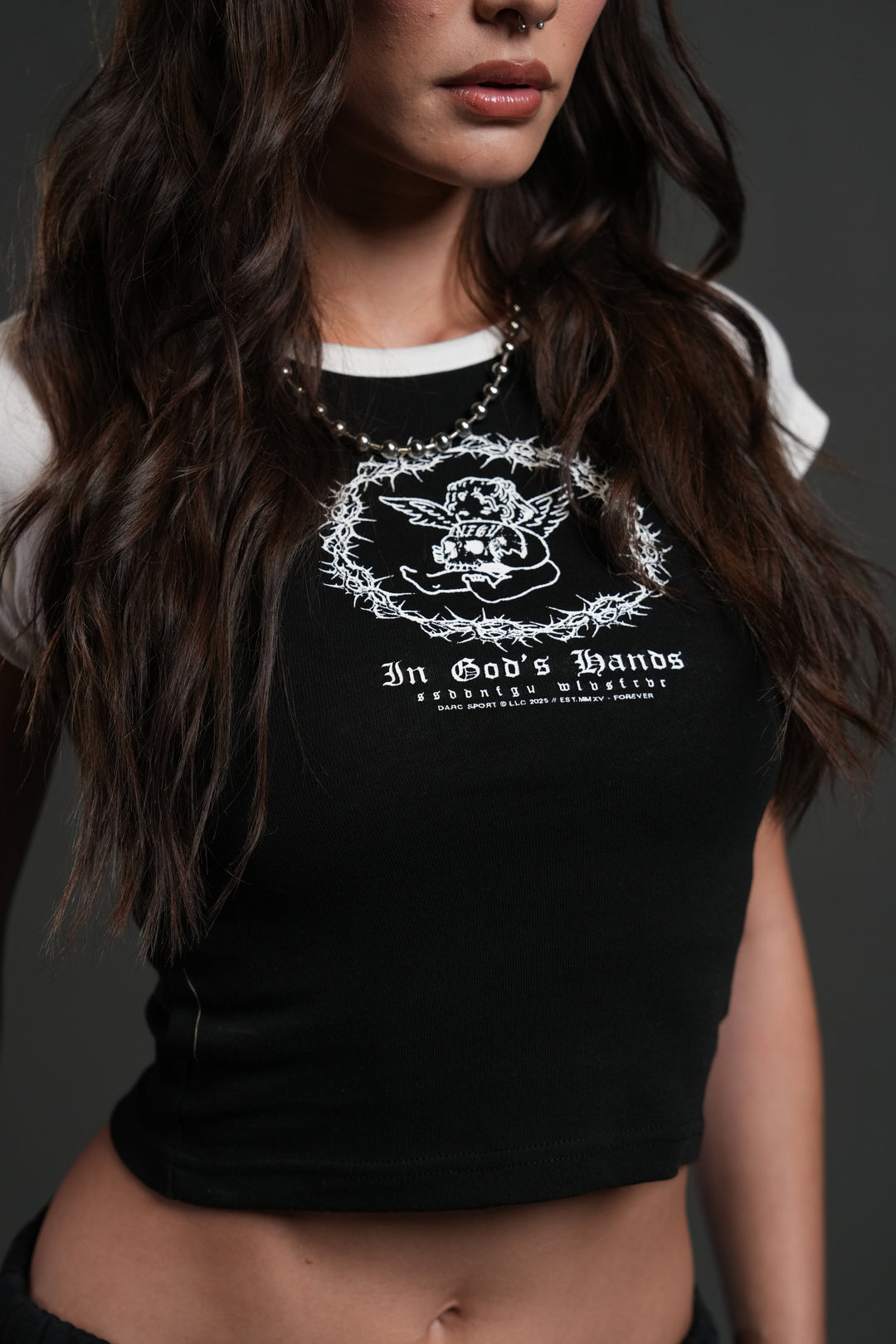 Cherub's Oath Lina Raglan "Baby" Tee in Black/Cream