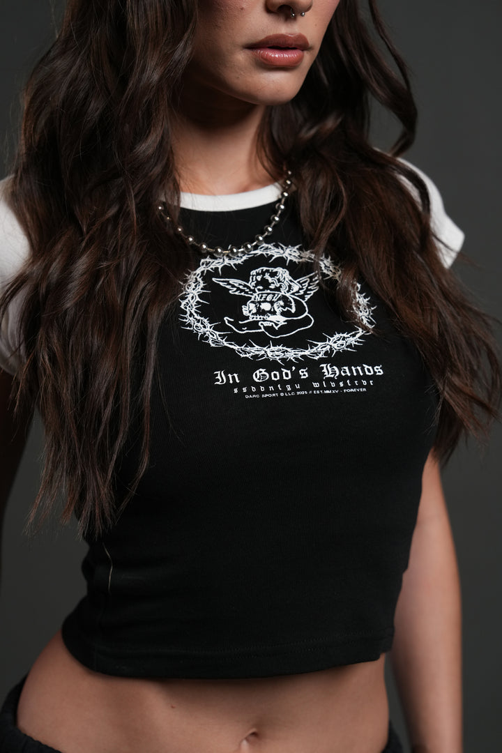 Cherub's Oath Lina Raglan "Baby" Tee in Black/Cream