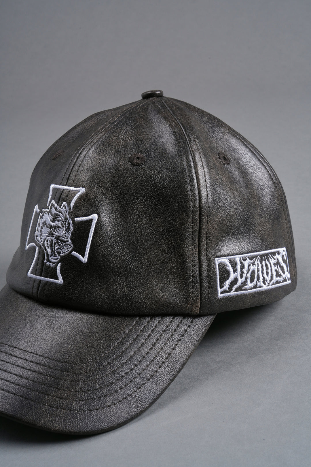 Iron Wolf Head Faux Leather Dad Hat in Black