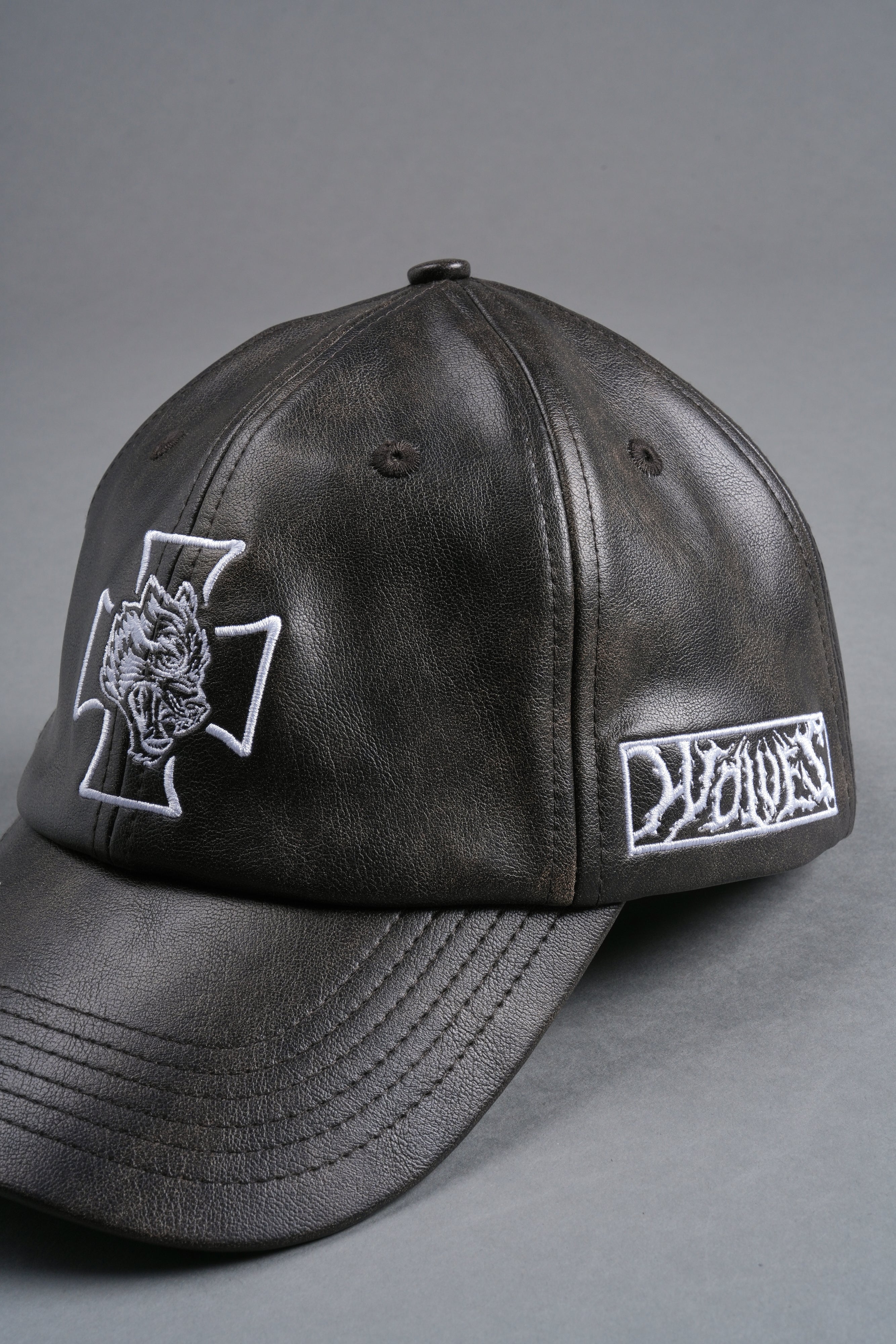 Iron Wolf Head Faux Leather Dad Hat in Black