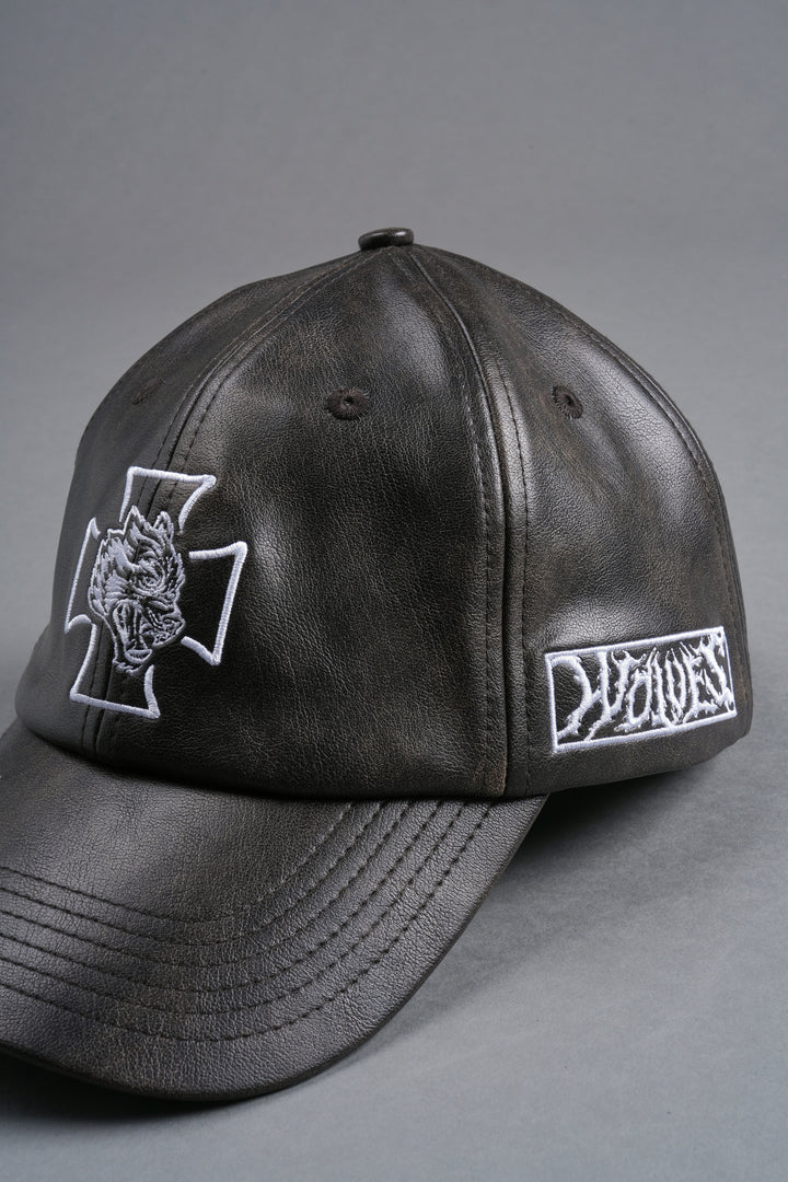 Iron Wolf Head Faux Leather Dad Hat in Black