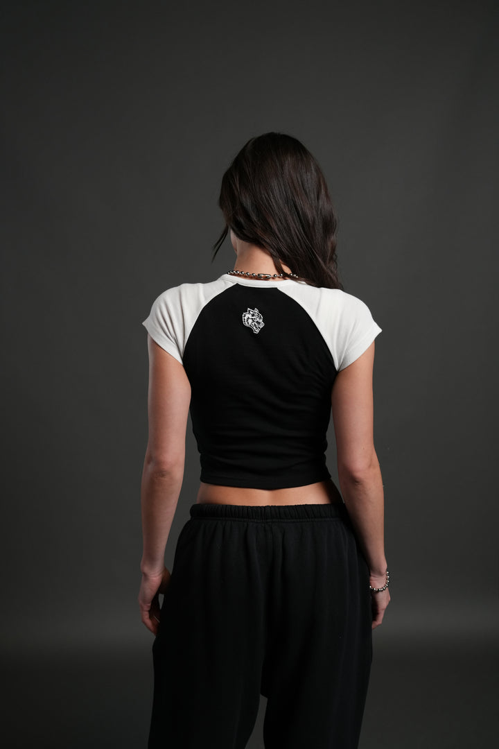 Cherub's Oath Lina Raglan "Baby" Tee in Black/Cream