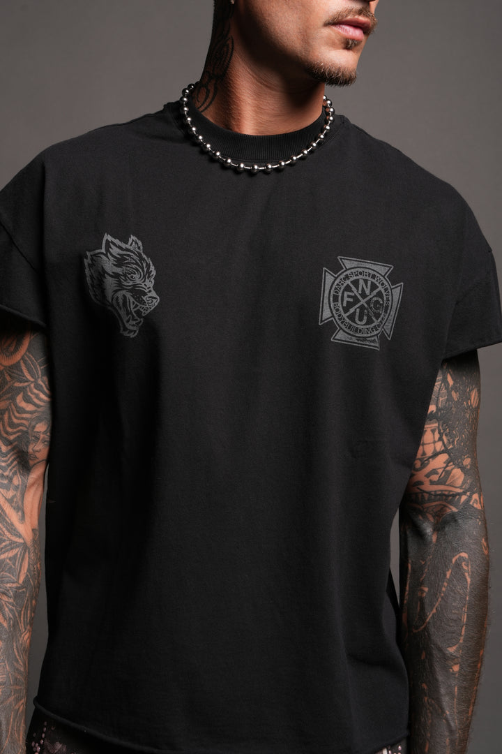 Wolves Club Cherub Grunge Mid Length Raw Hem Cap Sleeve Tee In Black