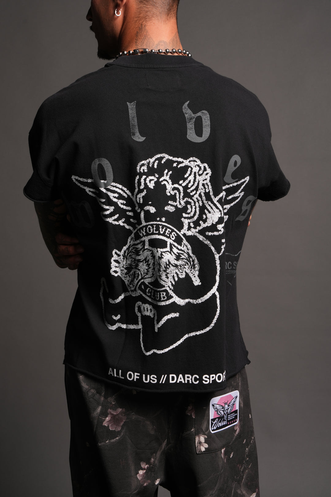 Wolves Club Cherub Grunge Mid Length Raw Hem Cap Sleeve Tee In Black