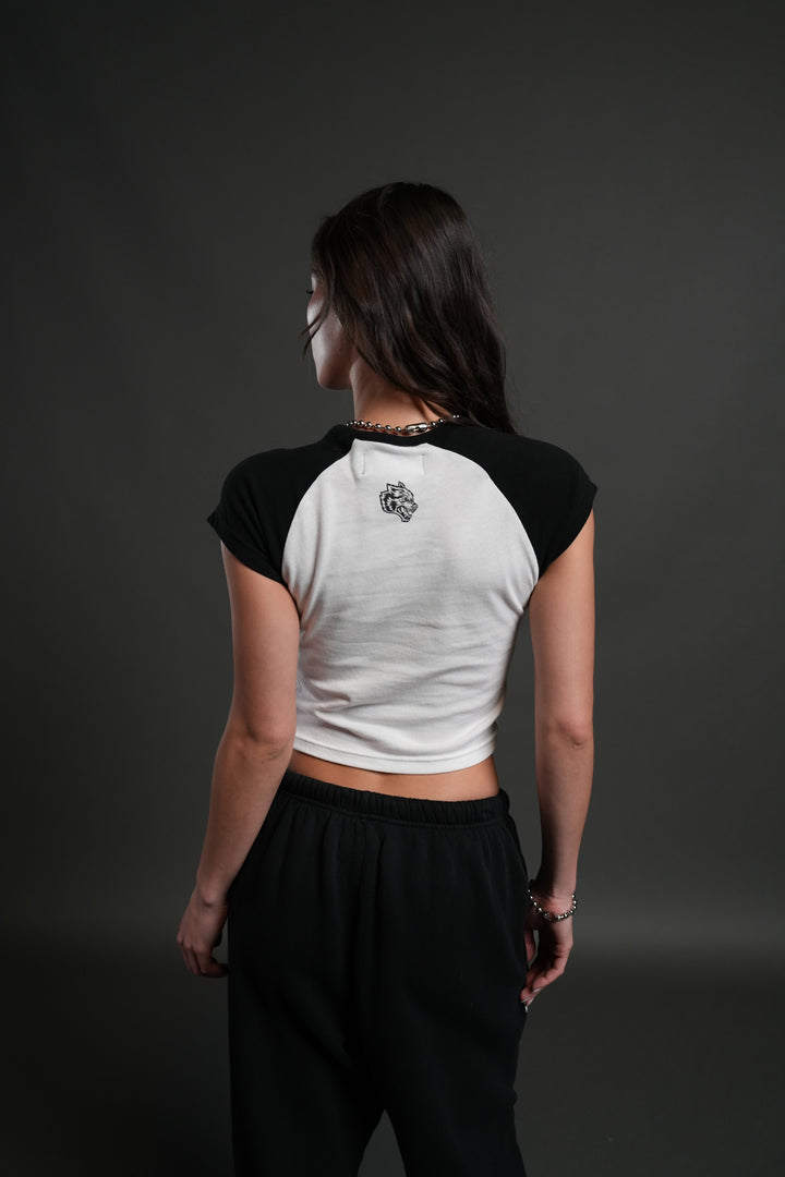 Cherub's Oath Lina Raglan "Baby" Tee in White/Black