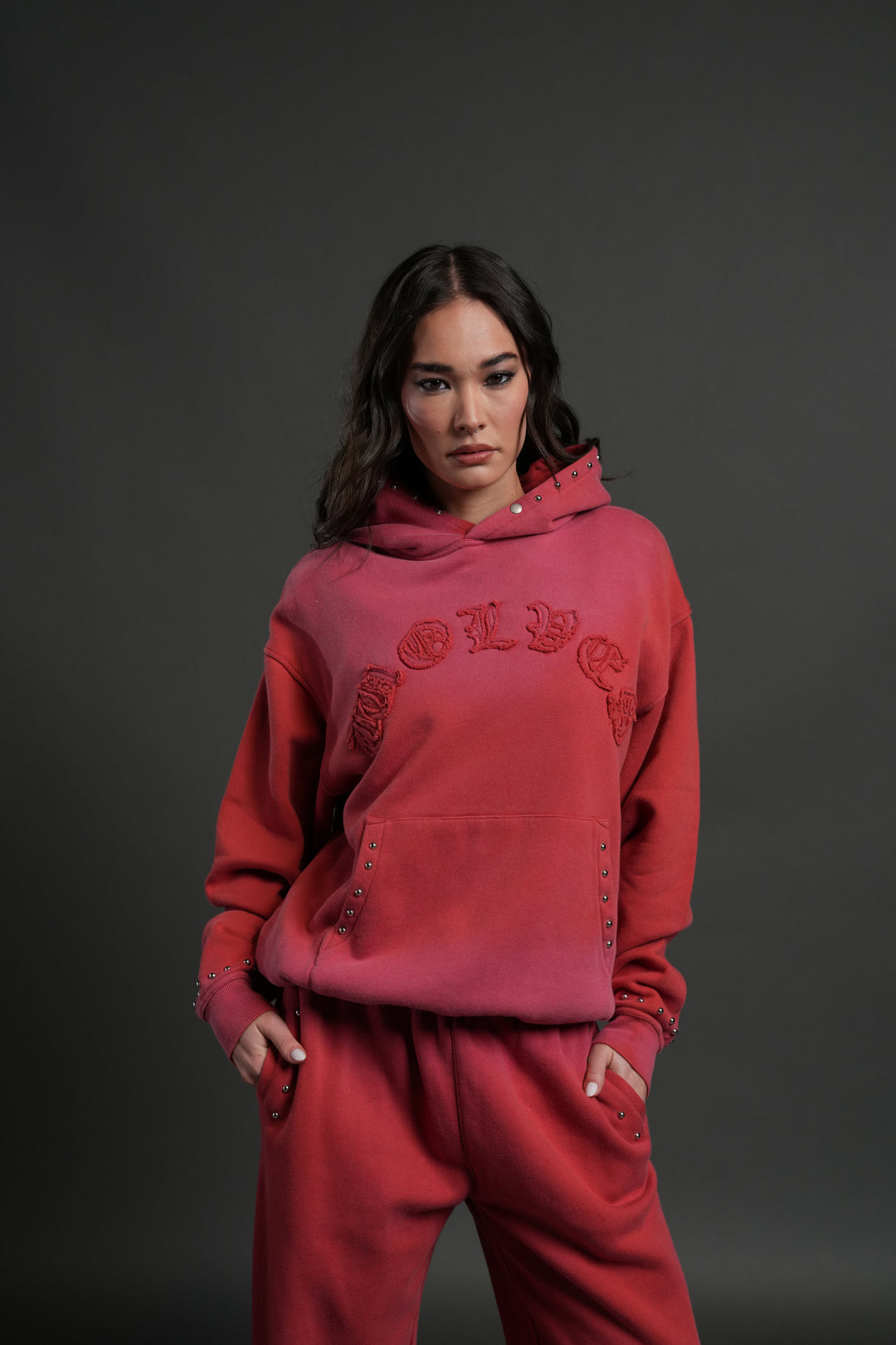 Studded Chopper Appliqué Pierce Hoodie in Roman Red Drift Wash
