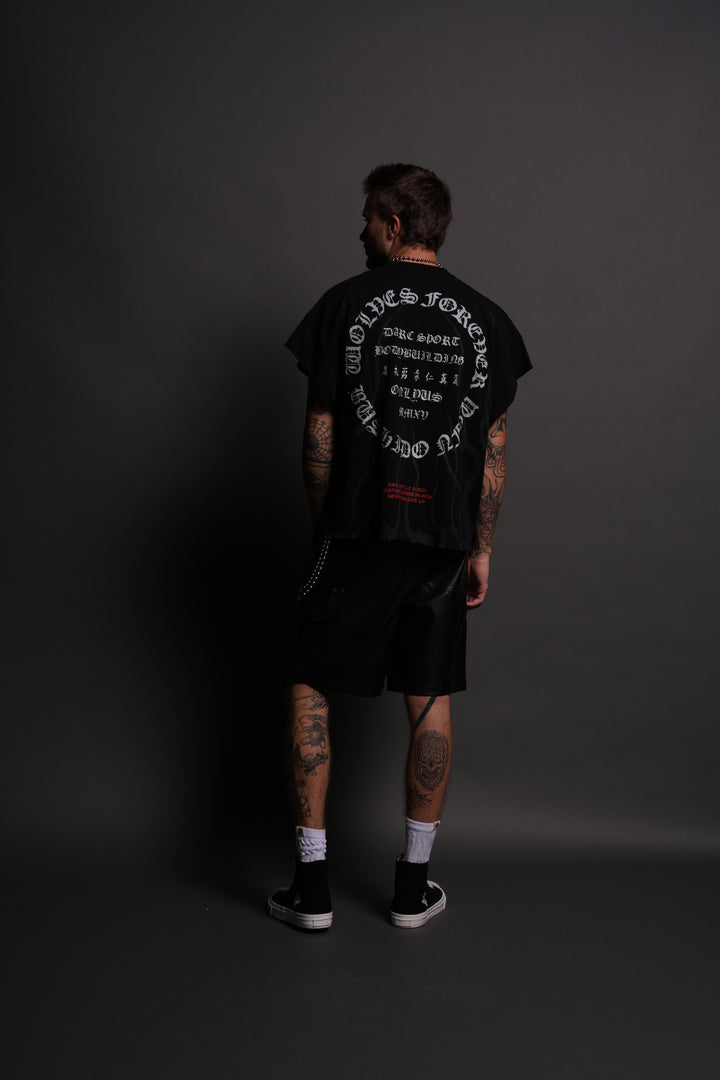 Warrior's Fire Grunge Cut-Off Tee in Black