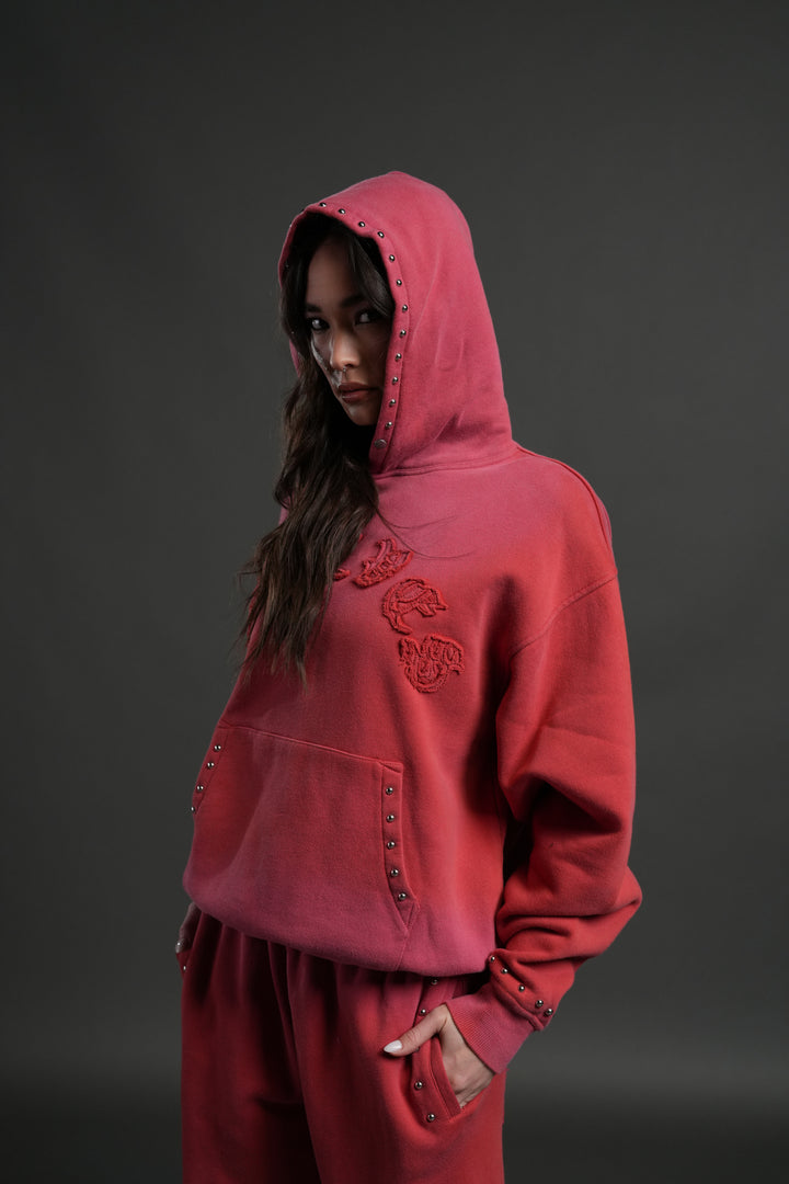 Studded Chopper Appliqué Pierce Hoodie in Roman Red Drift Wash