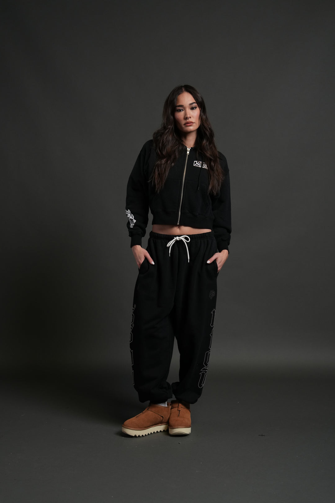 Midnight Wolves "Sage" Cropped Zip Hoodie in Black Drift Wash