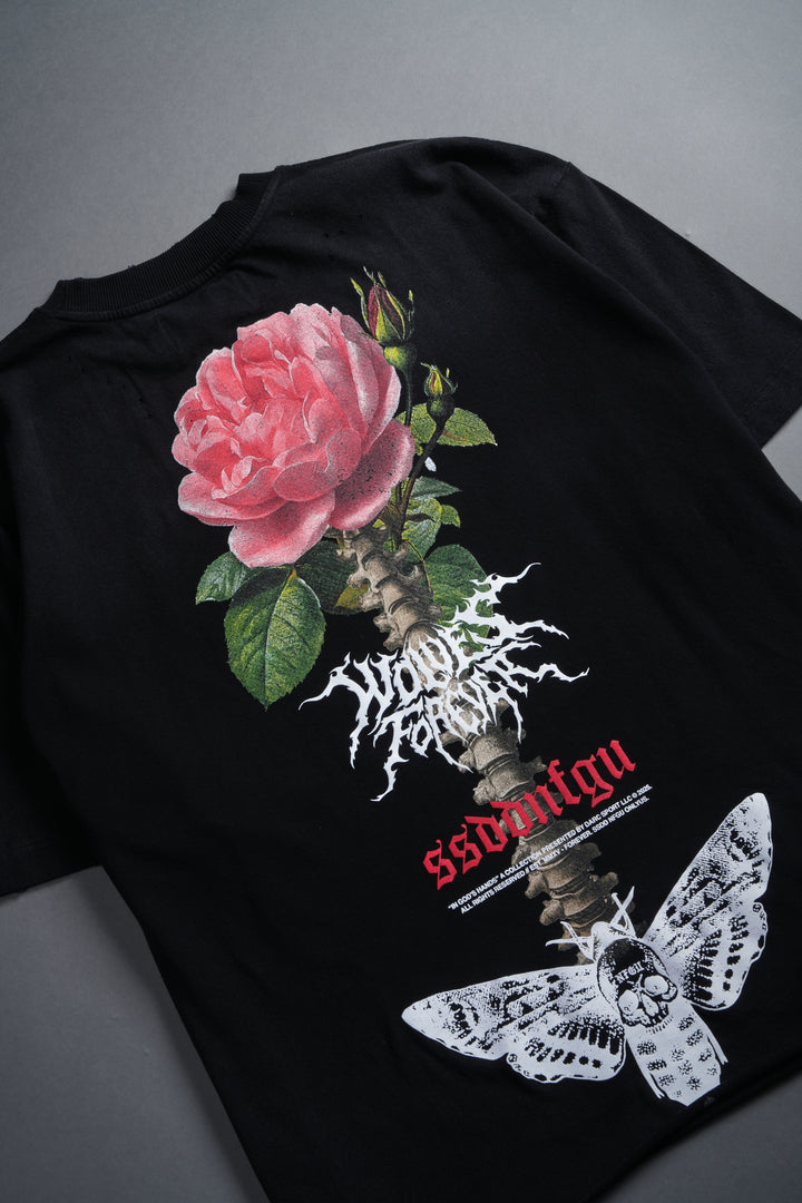 Mori Rose Distressed Grunge Tee in Black Drift Wash