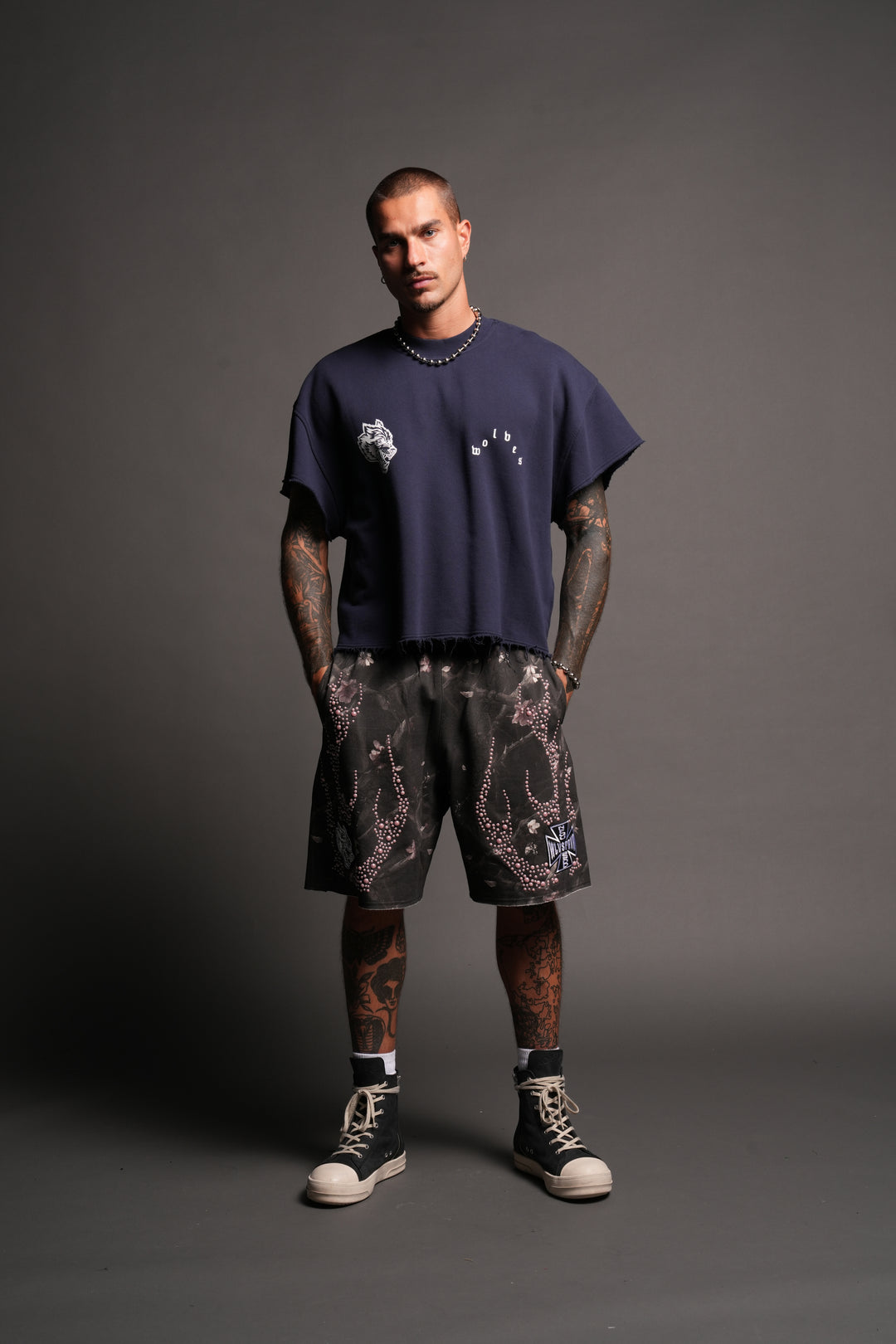 Wolf Pyramid Raw Hem Box Cut Cap Sleeve London Crewneck In Navy