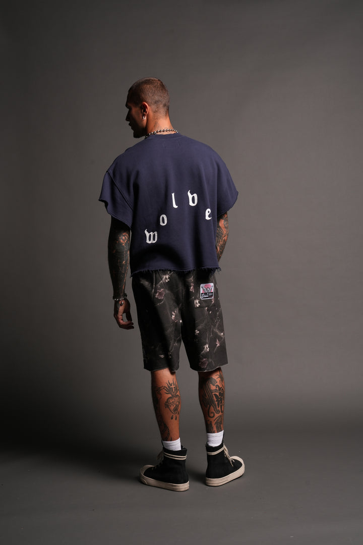 Wolf Pyramid Raw Hem Box Cut Cap Sleeve London Crewneck In Navy