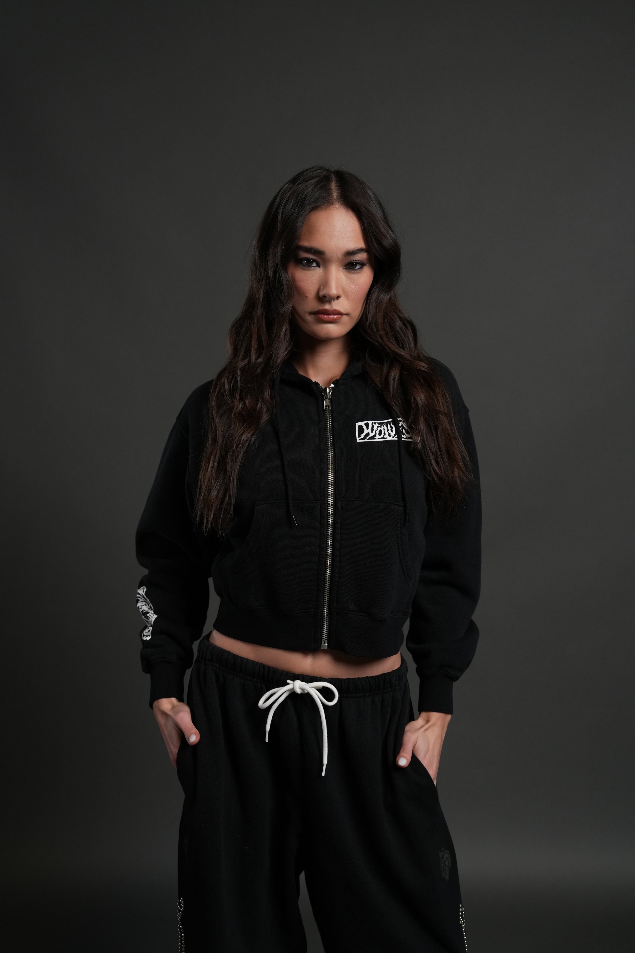 Midnight Wolves "Sage" Cropped Zip Hoodie in Black Drift Wash