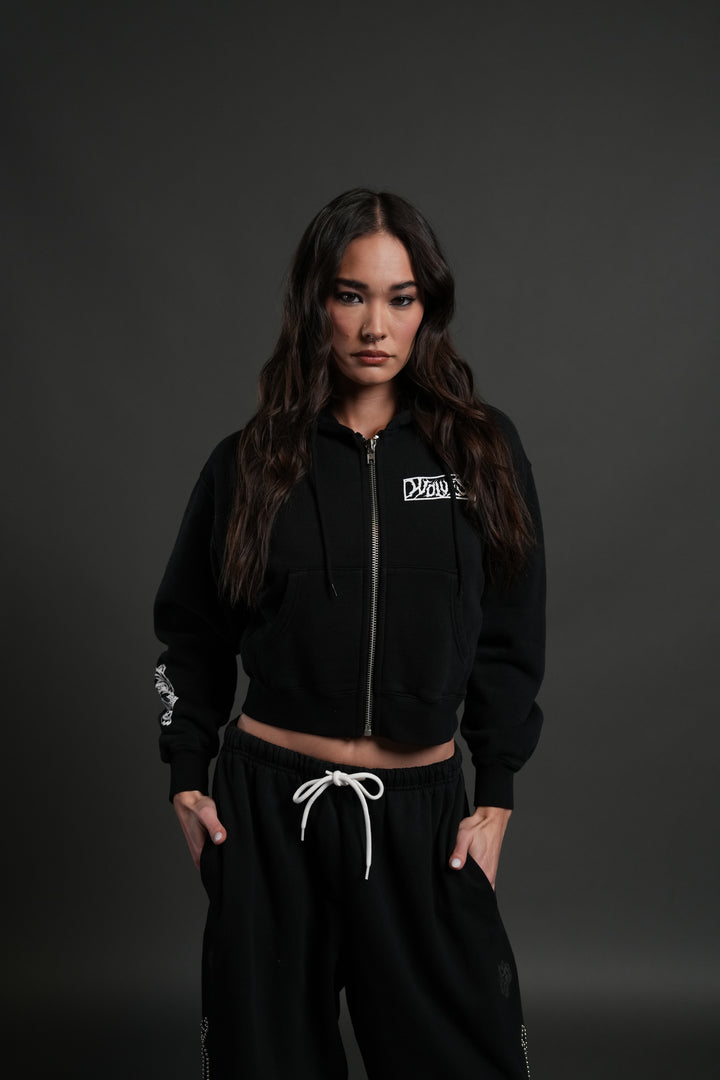 Midnight Wolves "Sage" Cropped Zip Hoodie in Black Drift Wash