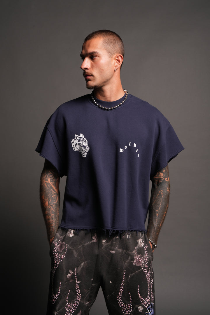 Wolf Pyramid Raw Hem Box Cut Cap Sleeve London Crewneck In Navy