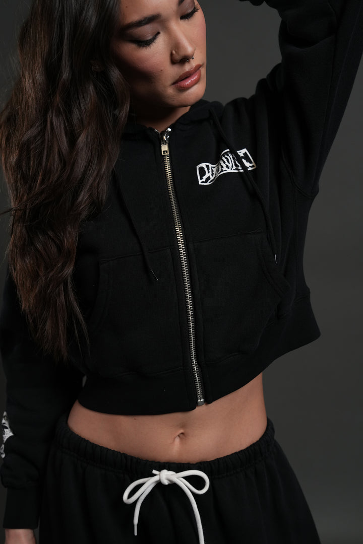 Midnight Wolves "Sage" Cropped Zip Hoodie in Black Drift Wash