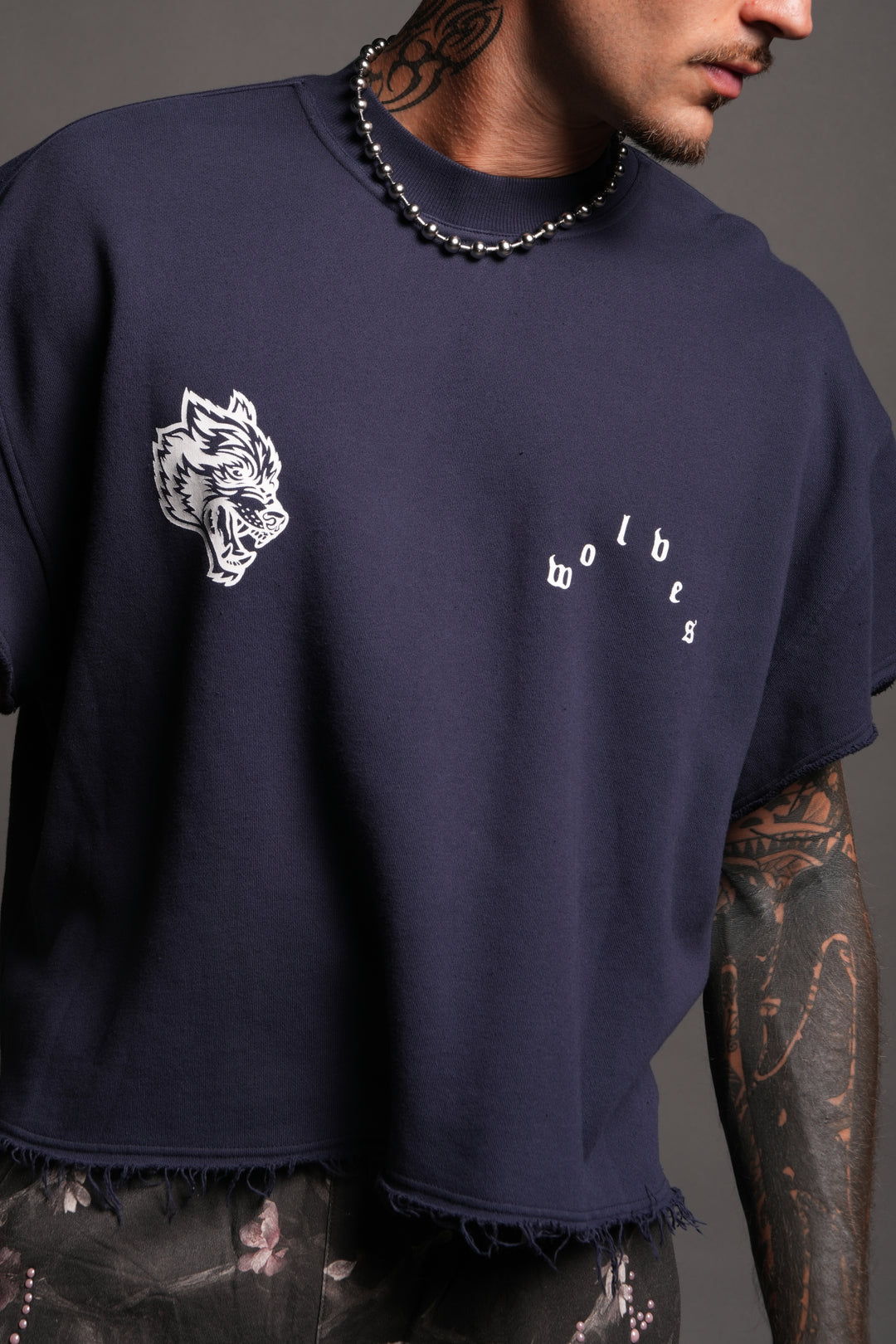 Wolf Pyramid Raw Hem Box Cut Cap Sleeve London Crewneck In Navy