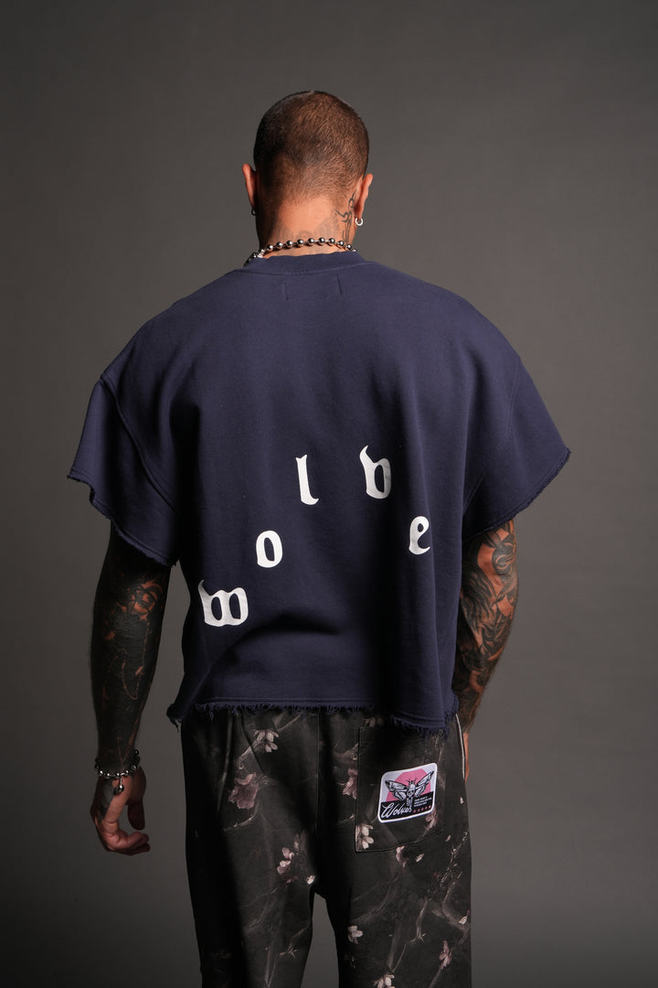 Wolf Pyramid Raw Hem Box Cut Cap Sleeve London Crewneck In Navy