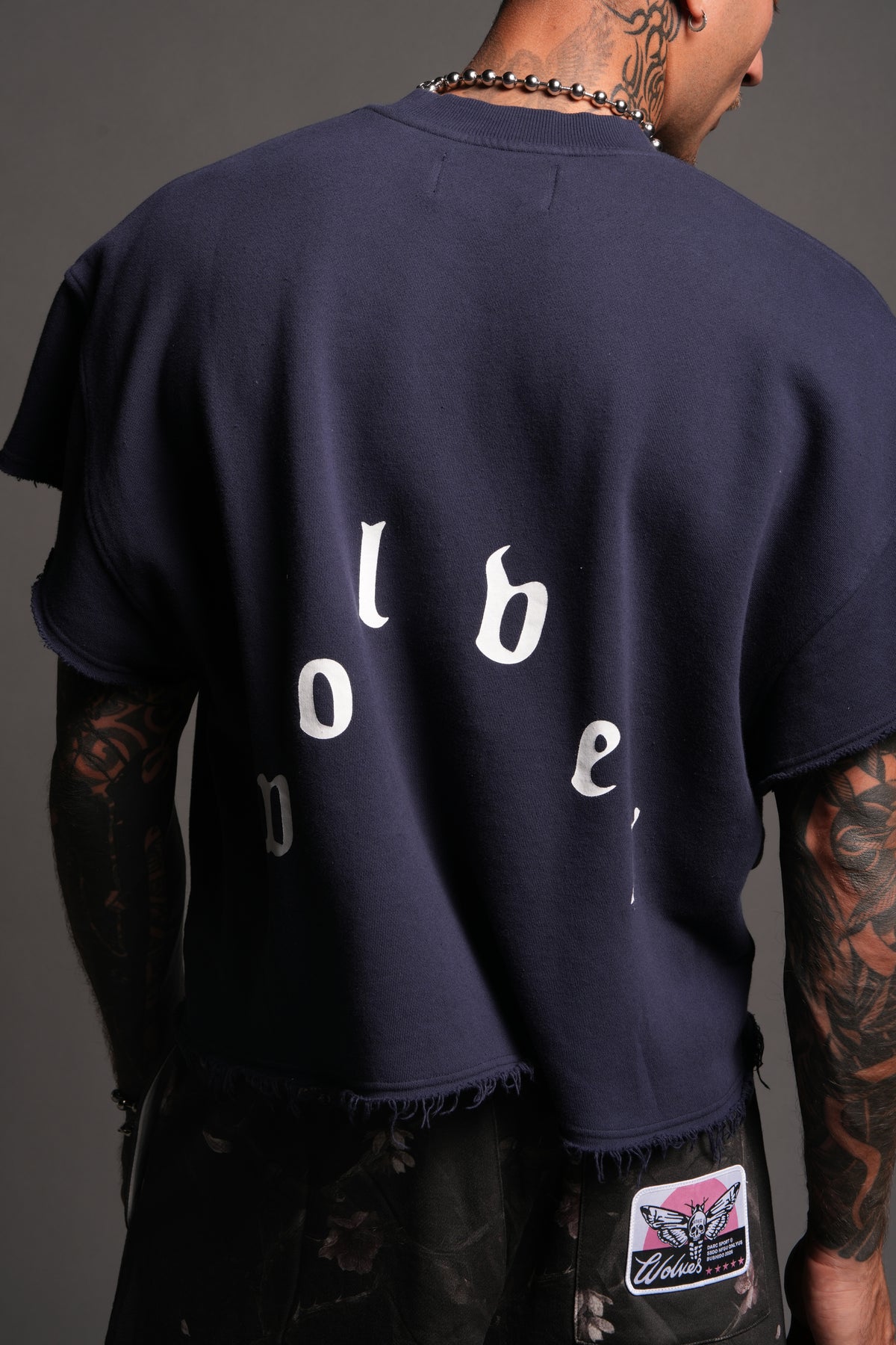 Wolf Pyramid Raw Hem Box Cut Cap Sleeve London Crewneck In Navy