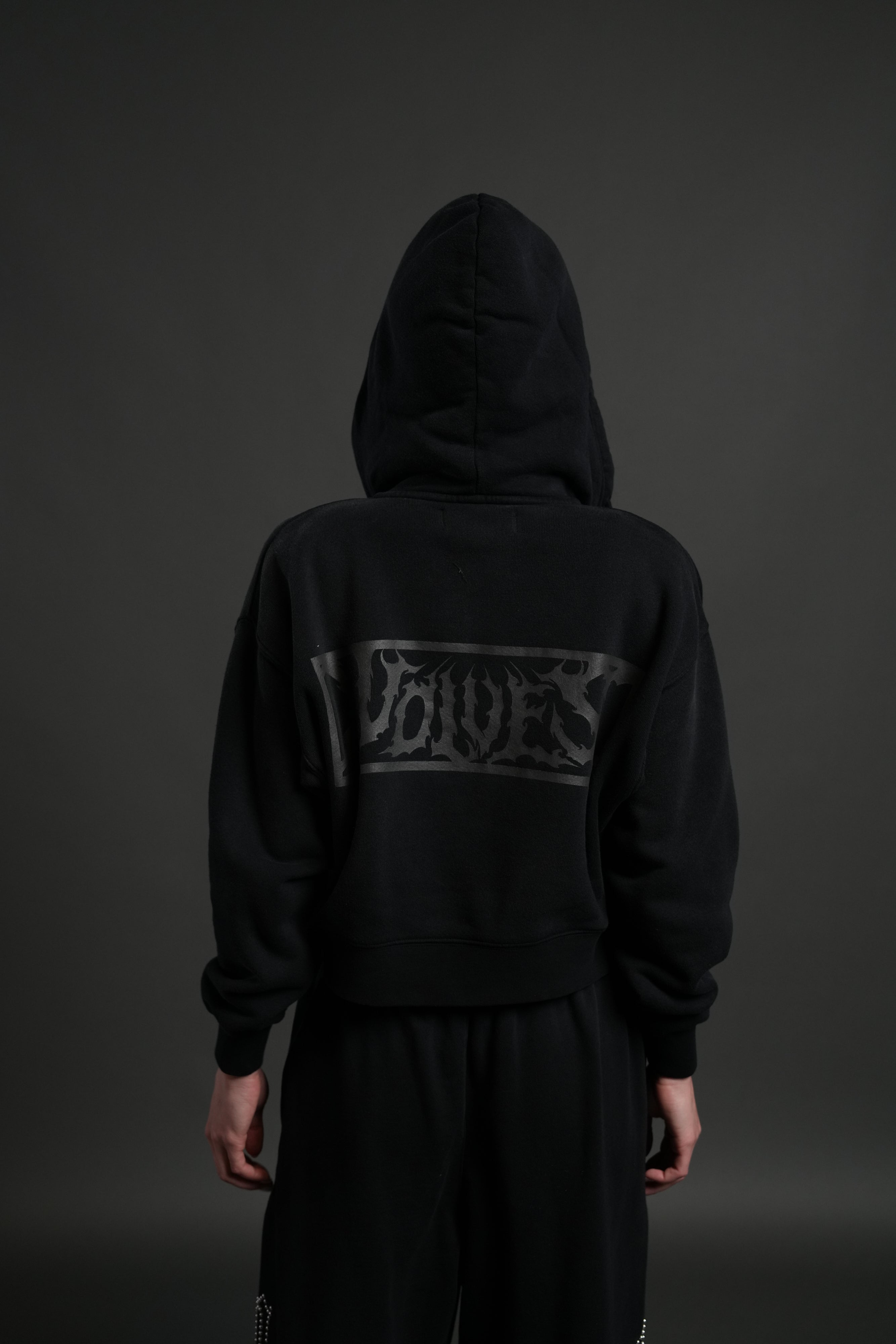 Midnight Wolves "Sage" Cropped Zip Hoodie in Black Drift Wash