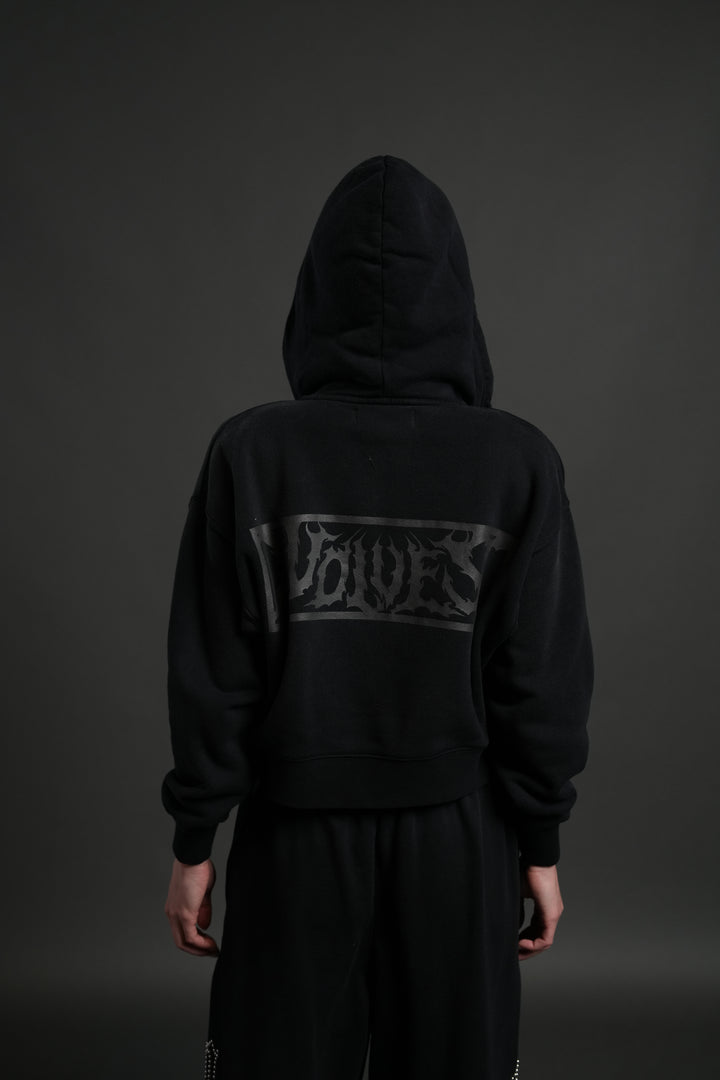 Midnight Wolves "Sage" Cropped Zip Hoodie in Black Drift Wash