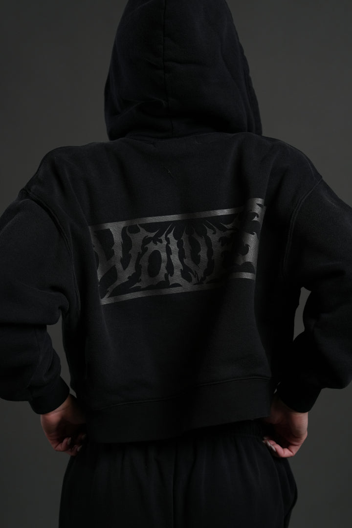 Midnight Wolves "Sage" Cropped Zip Hoodie in Black Drift Wash