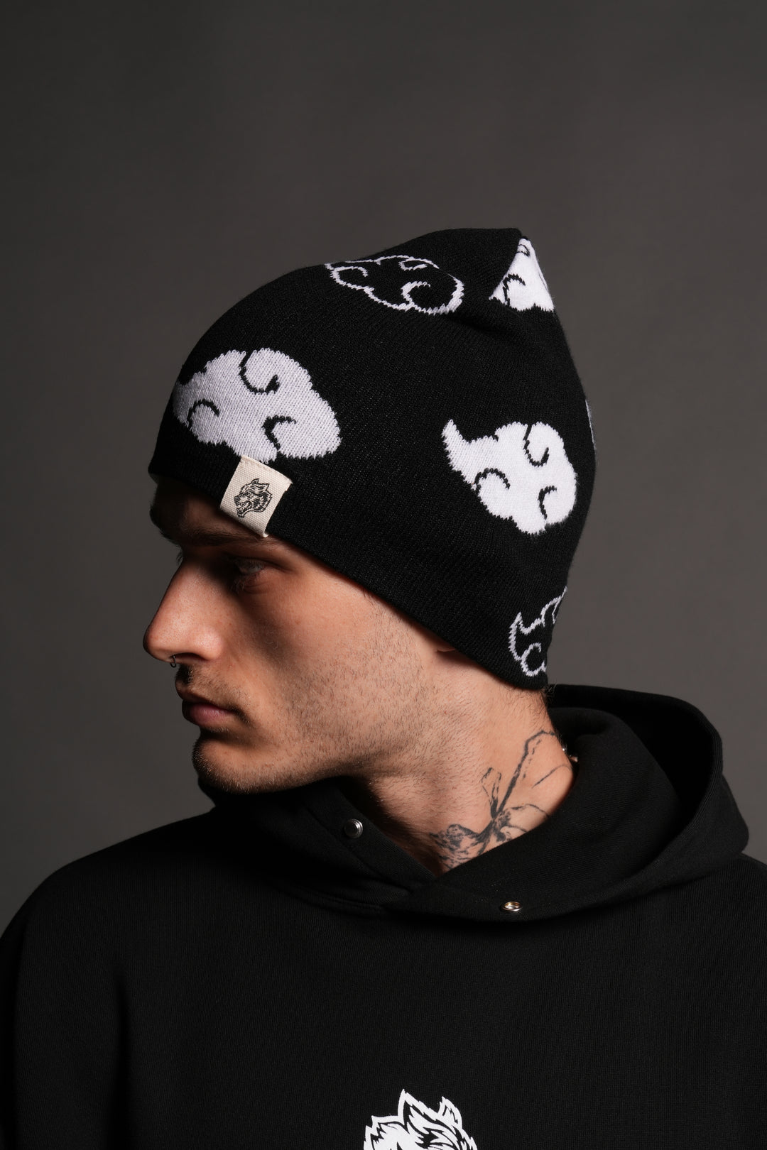 Wolf Clouds Cap Beanie in Black/White