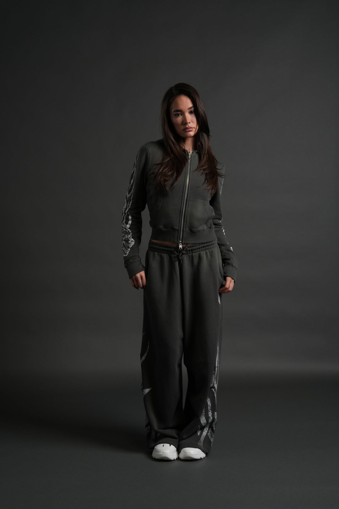 Finite Flame "Iris" Zip Up She Hoodie in Wolf Gray Drift Wash