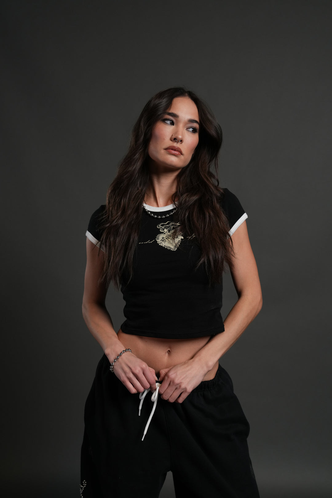 Sacred Flame Ringer "Baby" Tee in Black/White