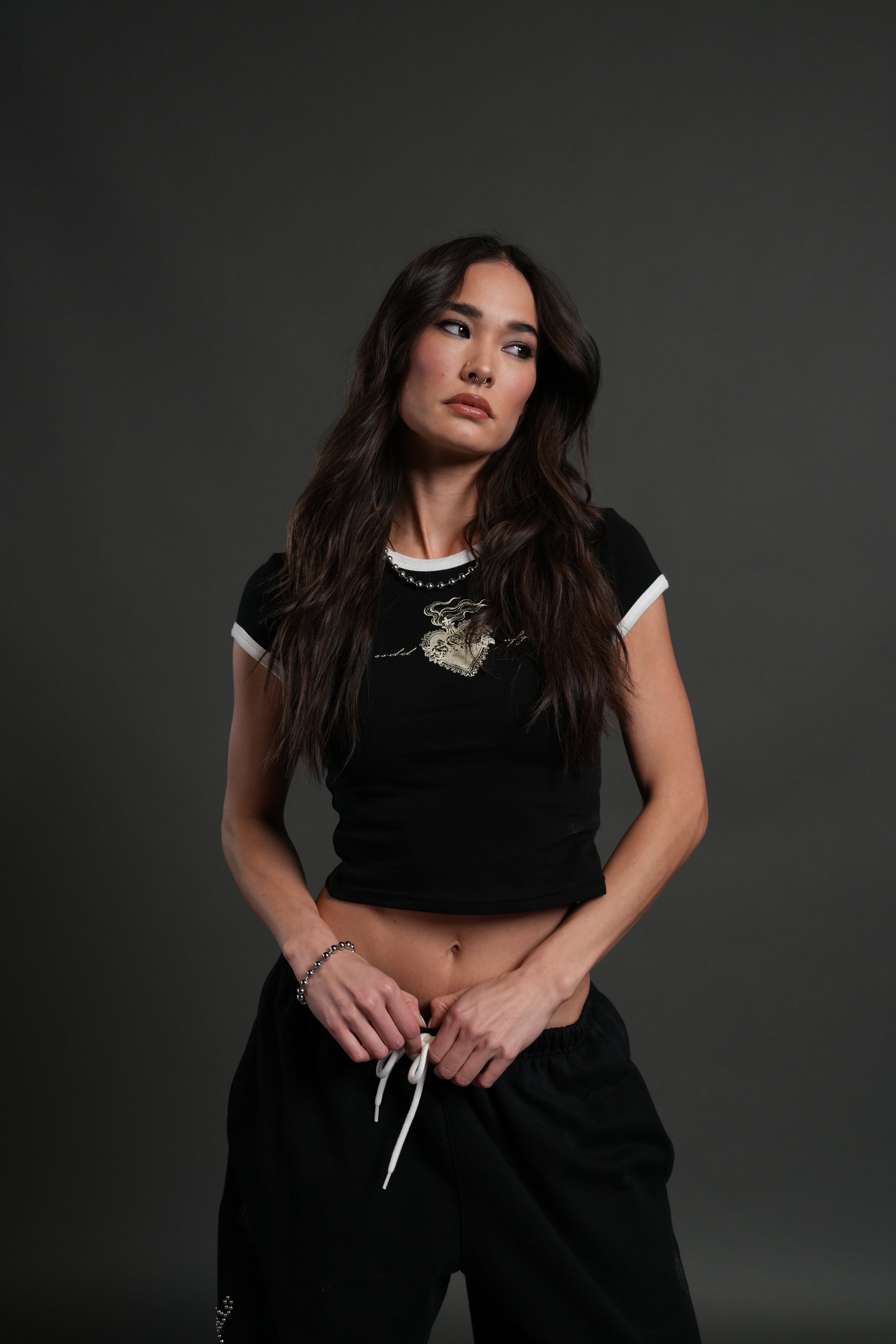 Sacred Flame Ringer "Baby" Tee in Black/White