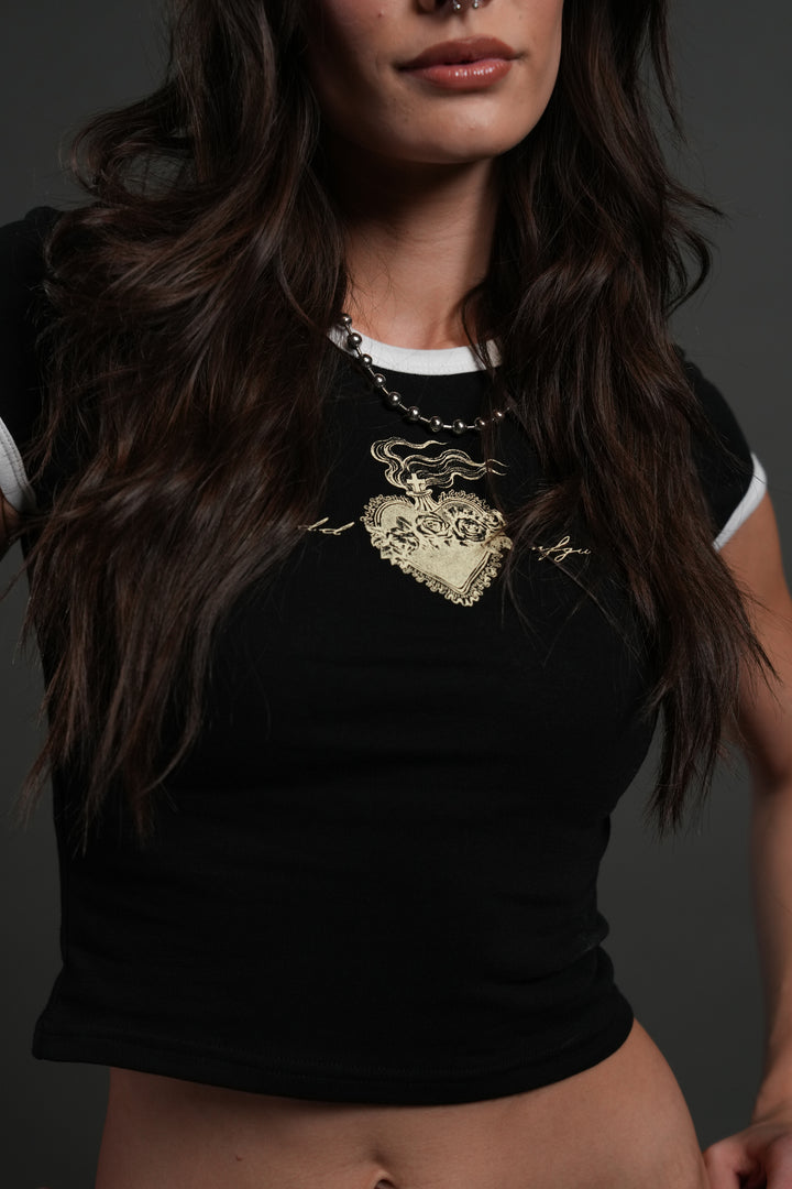 Sacred Flame Ringer "Baby" Tee in Black/White