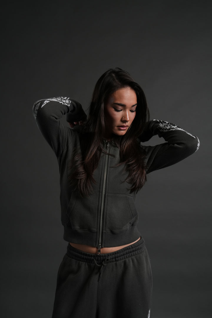 Finite Flame "Iris" Zip Up She Hoodie in Wolf Gray Drift Wash