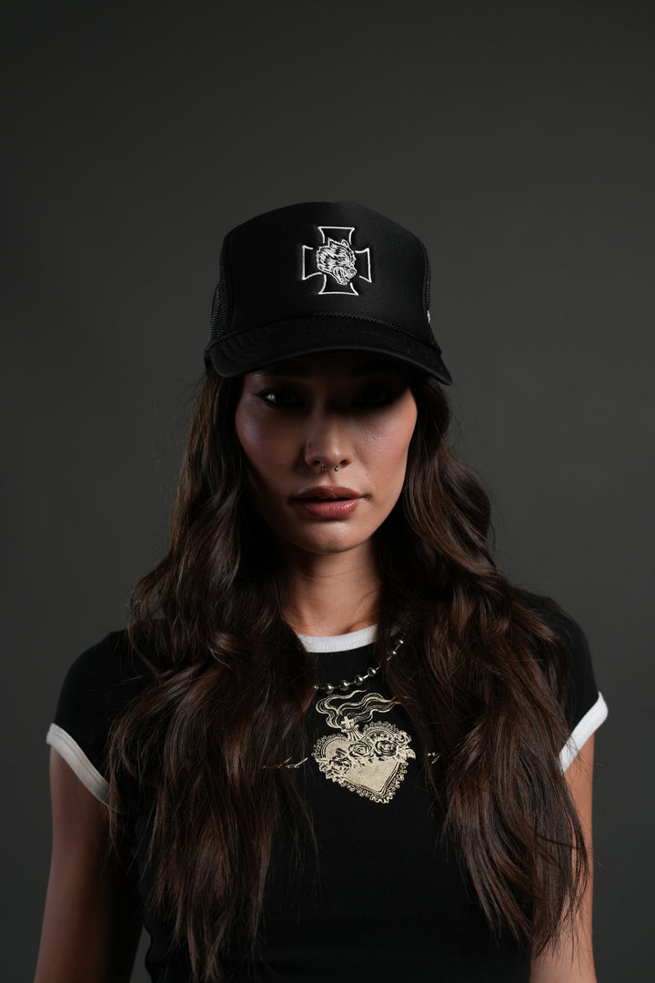 Iron Wolf Head Trucker Hat in Black