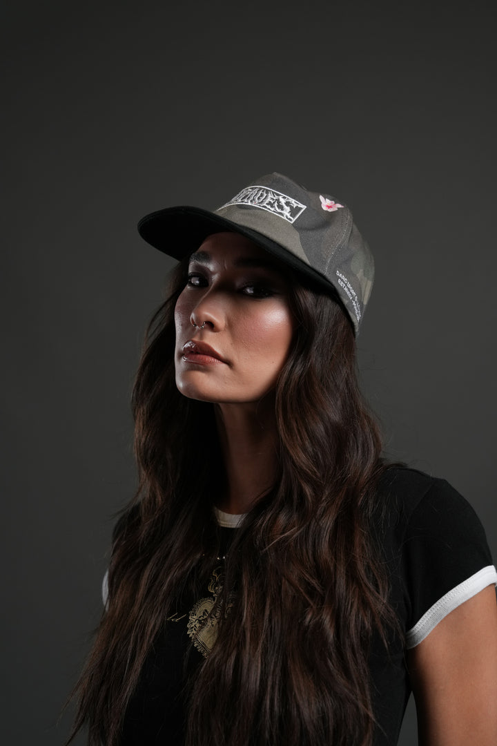 Midnight Wolves Vintage 5 Panel Hat in Vintage Blossom Woodland Camo