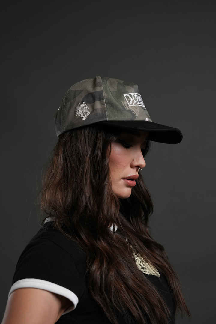 Midnight Wolves Vintage 5 Panel Hat in Vintage Blossom Woodland Camo