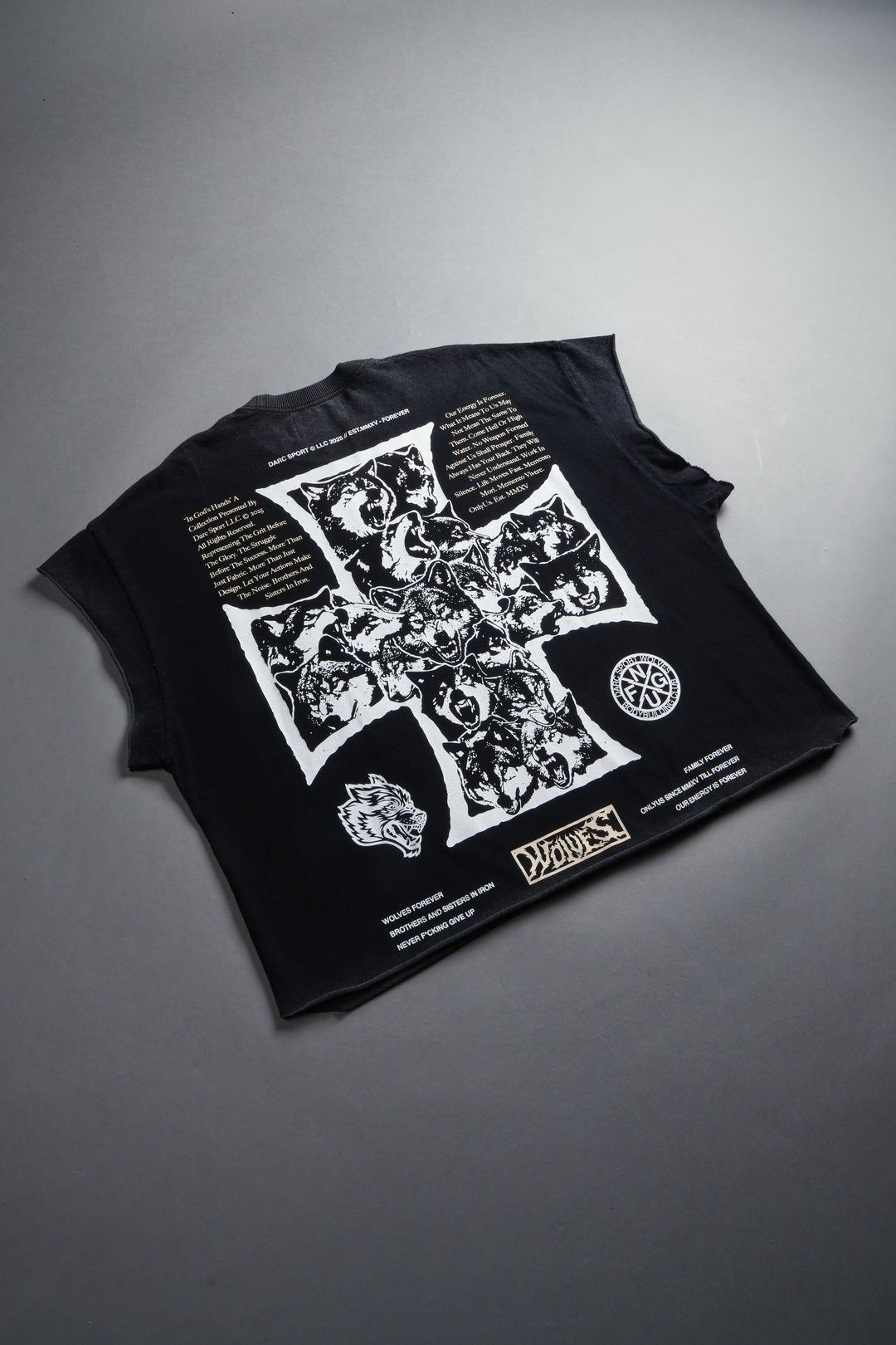 Iron Wolf Pack Grunge Cut-Off Tee in Black