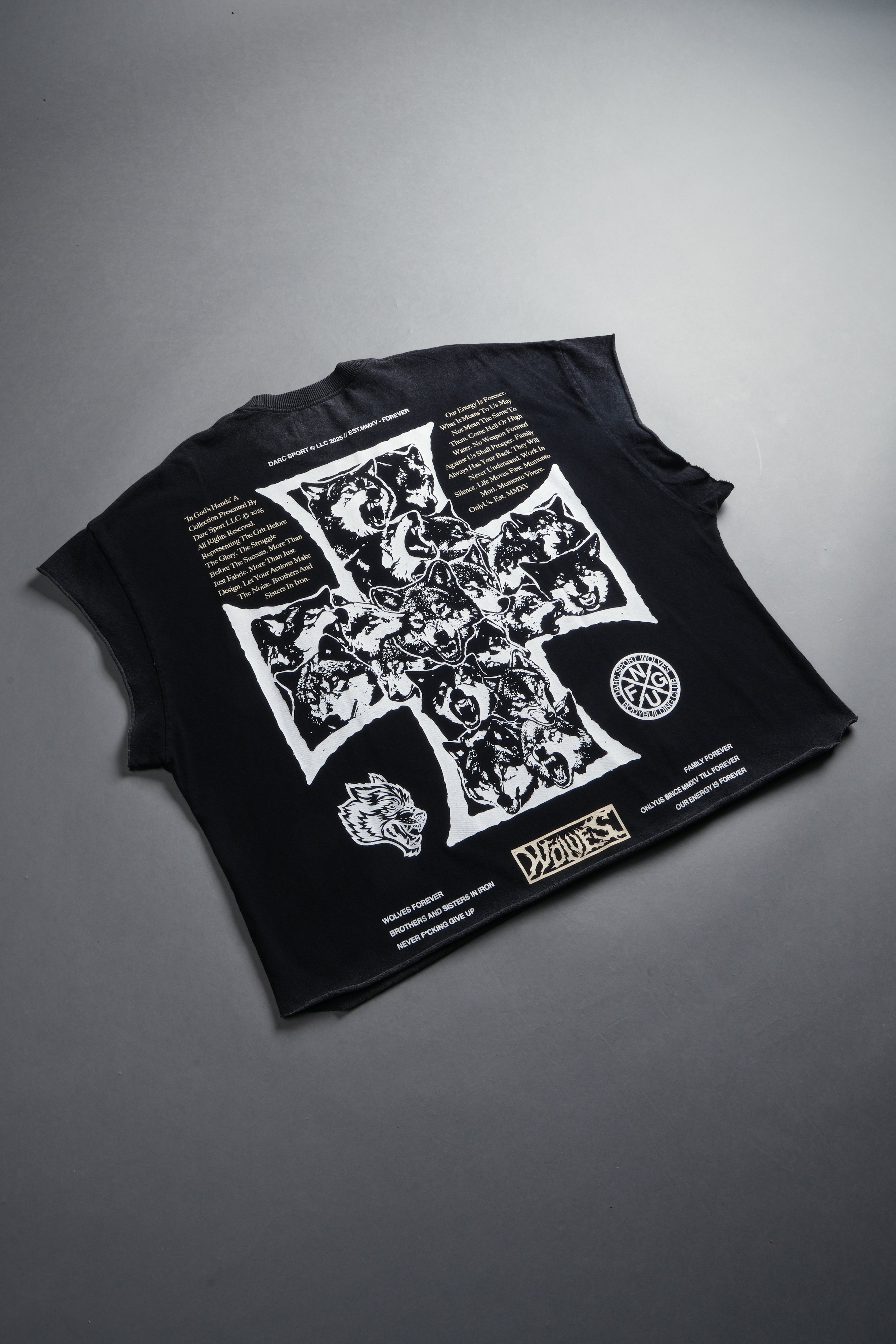 Iron Wolf Pack Grunge Cut-Off Tee in Black