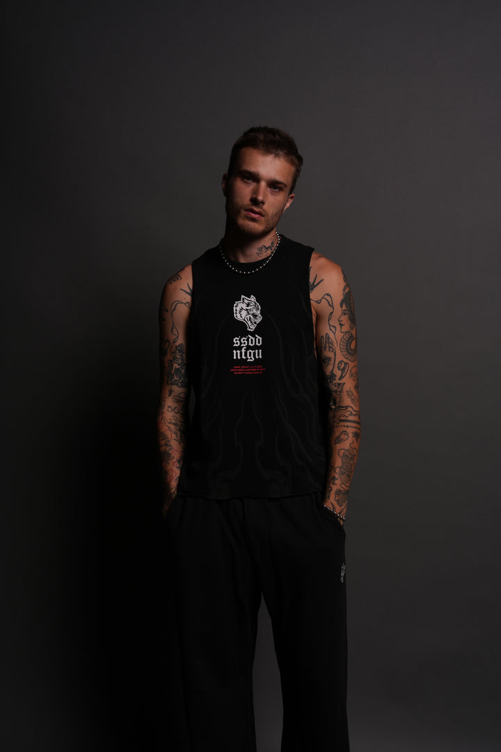 Month Kanji Grunge Raw Cropped "Tommy" Muscle Tee in Black