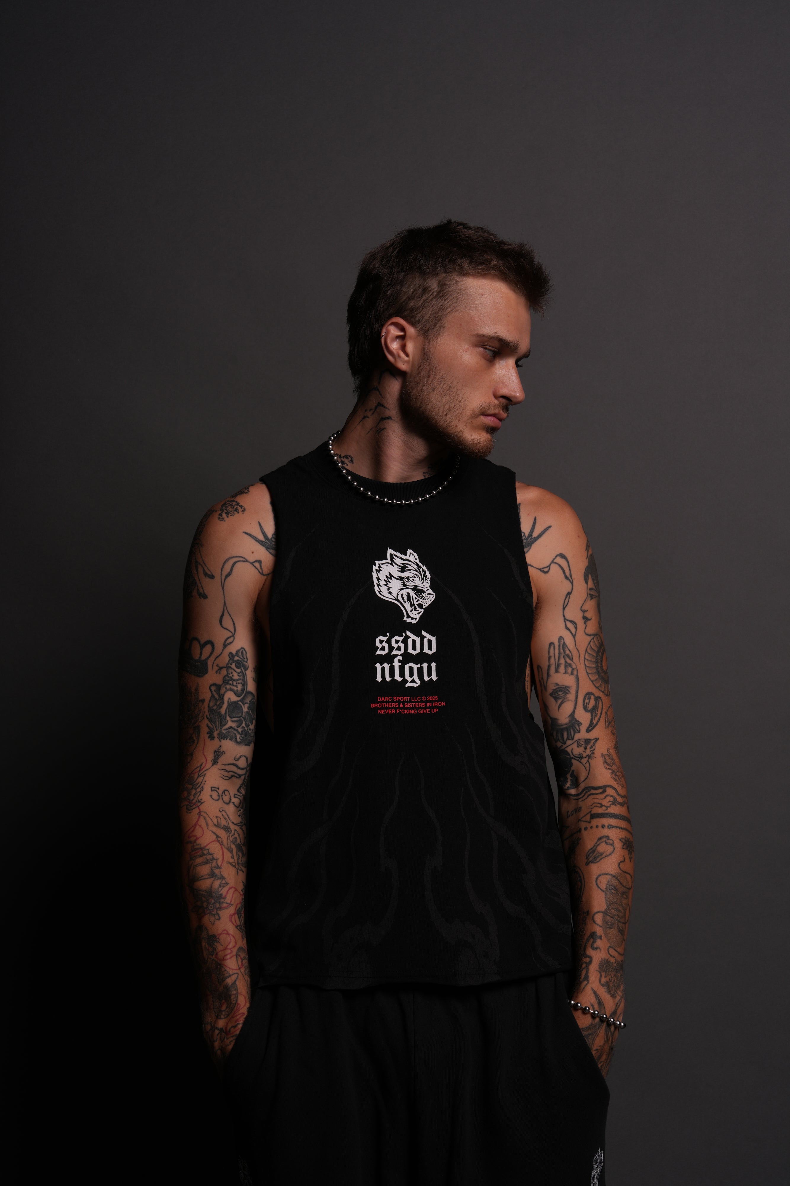 Month Kanji Grunge Raw Cropped "Tommy" Muscle Tee in Black