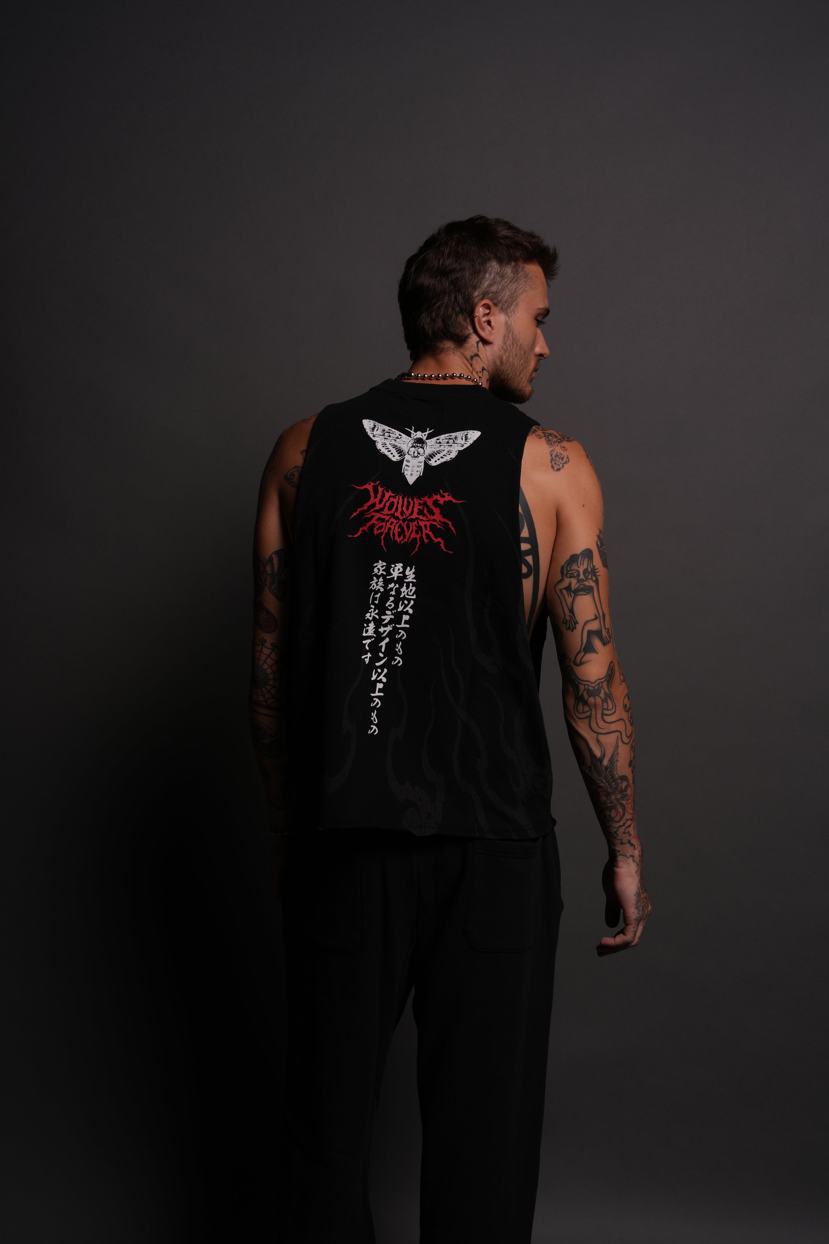 Month Kanji Grunge Raw Cropped "Tommy" Muscle Tee in Black