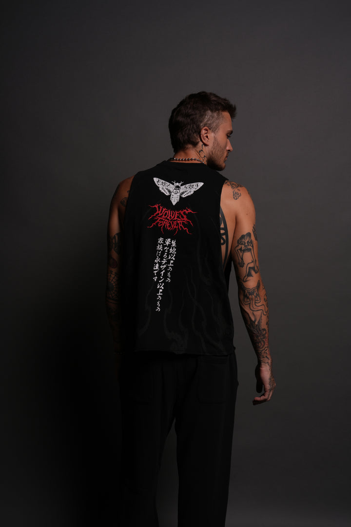 Month Kanji Grunge Raw Cropped "Tommy" Muscle Tee in Black