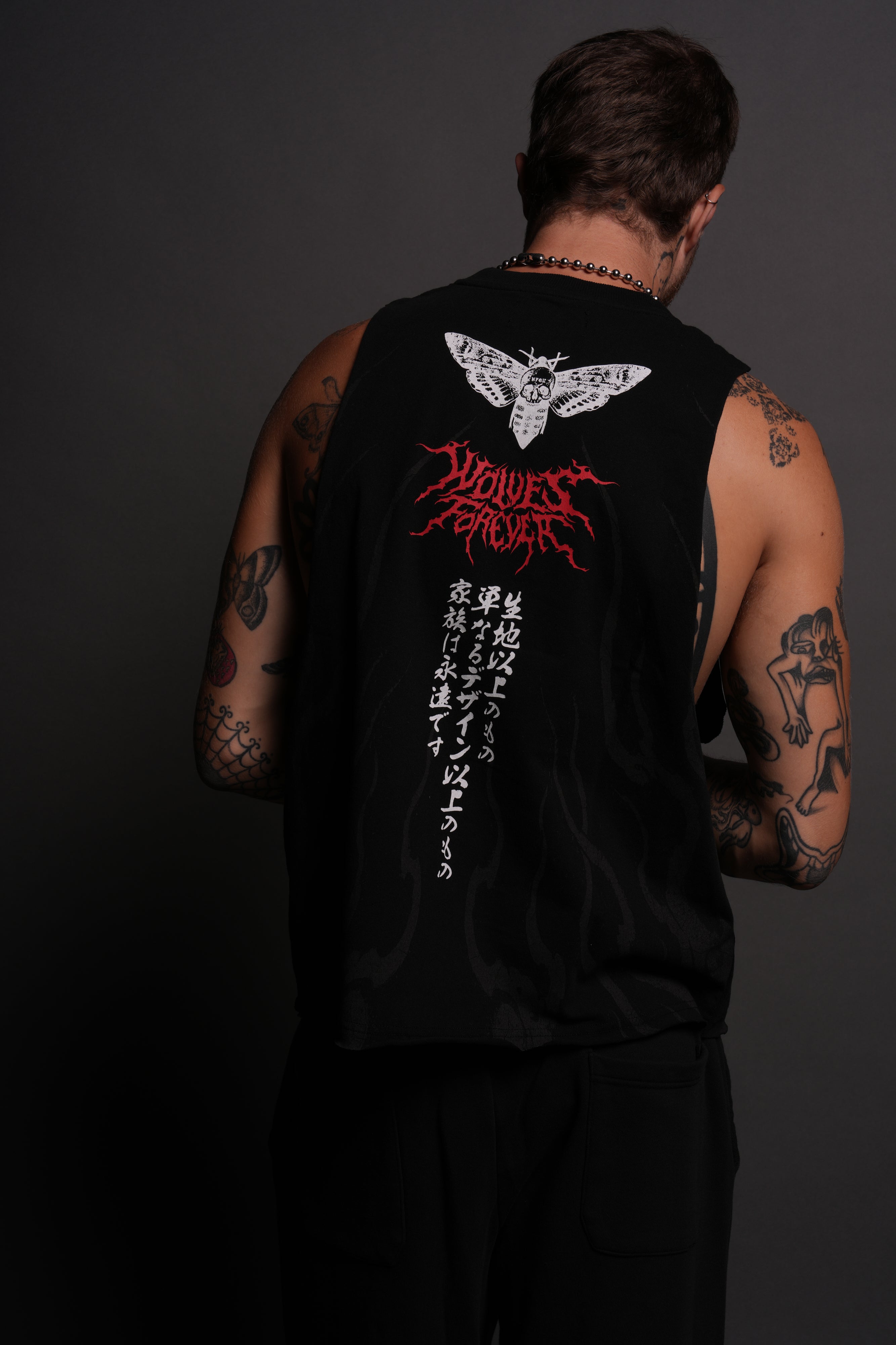 Month Kanji Grunge Raw Cropped "Tommy" Muscle Tee in Black