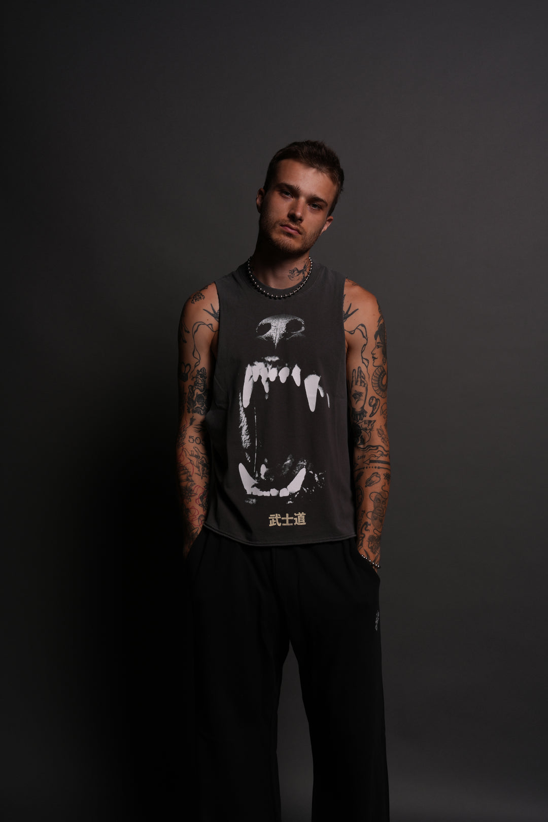 Blood Thirsty Kanji Grunge Raw Cropped "Tommy" Muscle Tee in Wolf Gray