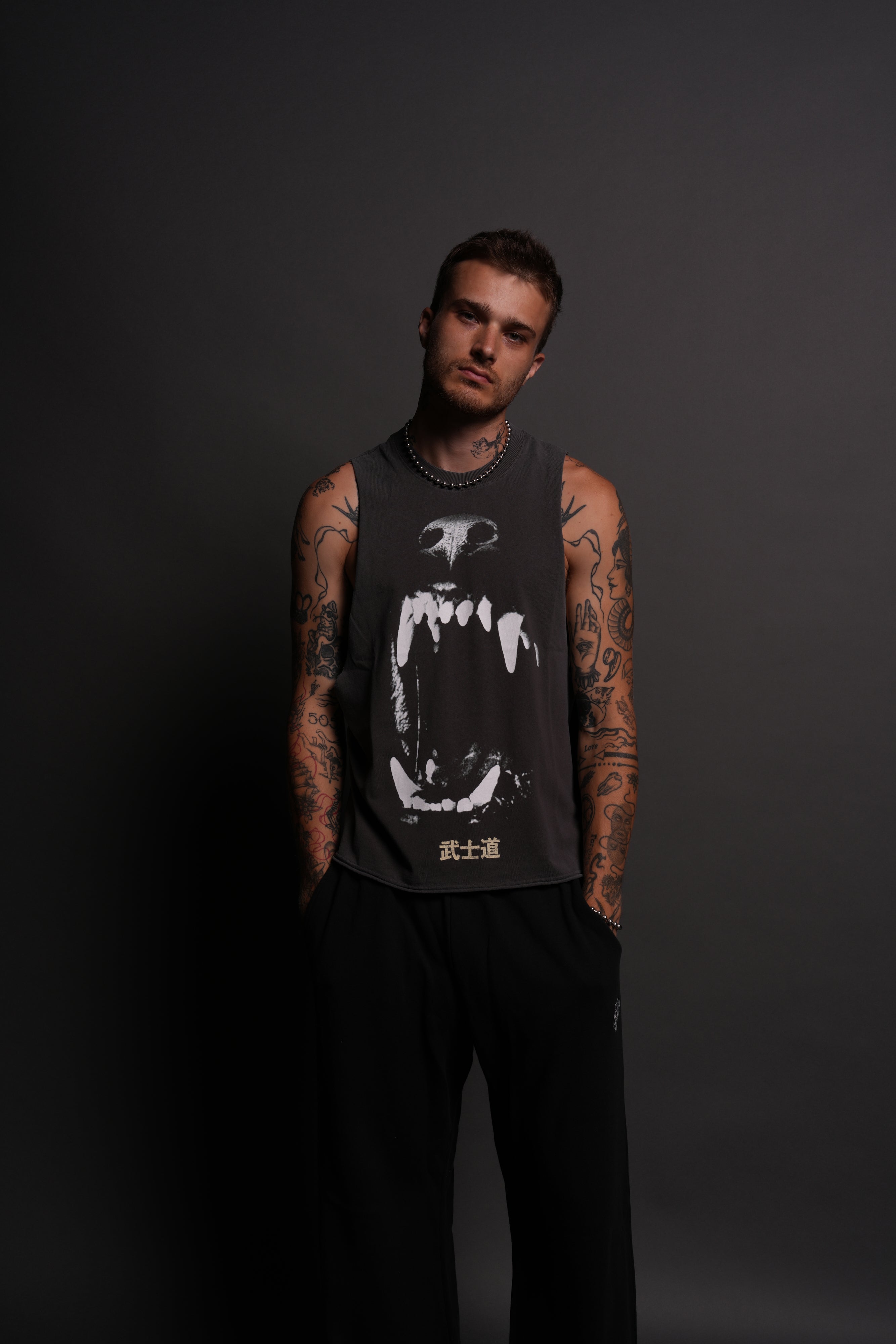 Blood Thirsty Kanji Grunge Raw Cropped "Tommy" Muscle Tee in Wolf Gray