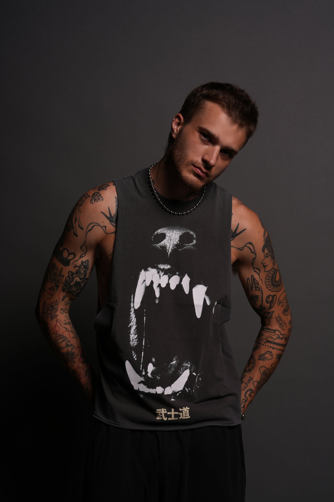 Blood Thirsty Kanji Grunge Raw Cropped "Tommy" Muscle Tee in Wolf Gray