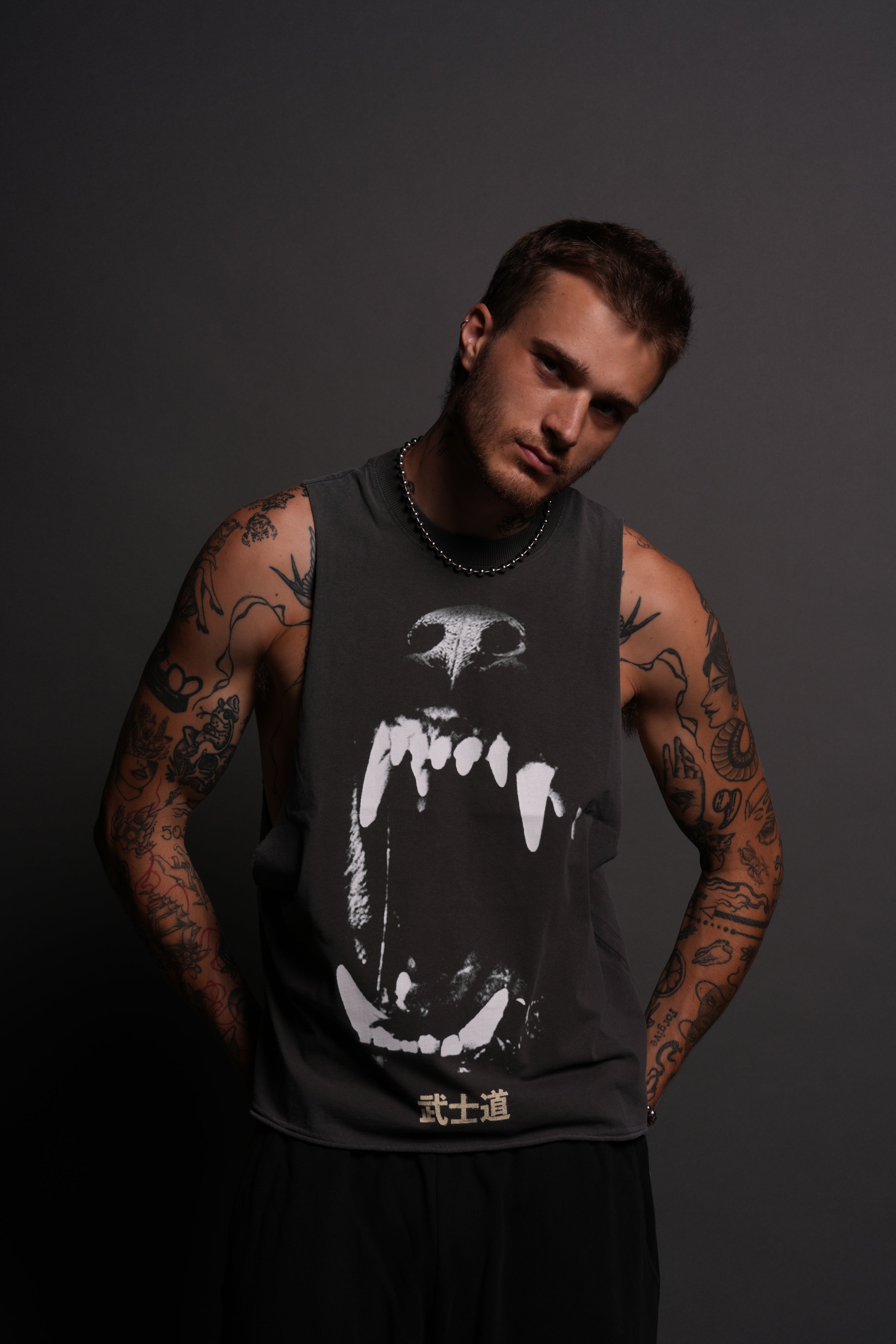 Blood Thirsty Kanji Grunge Raw Cropped "Tommy" Muscle Tee in Wolf Gray