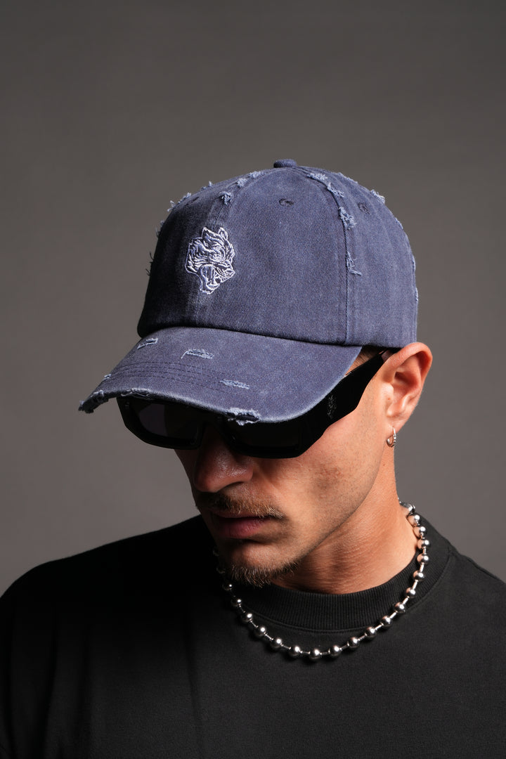 Wolf Head Distressed Dad Hat In Navy